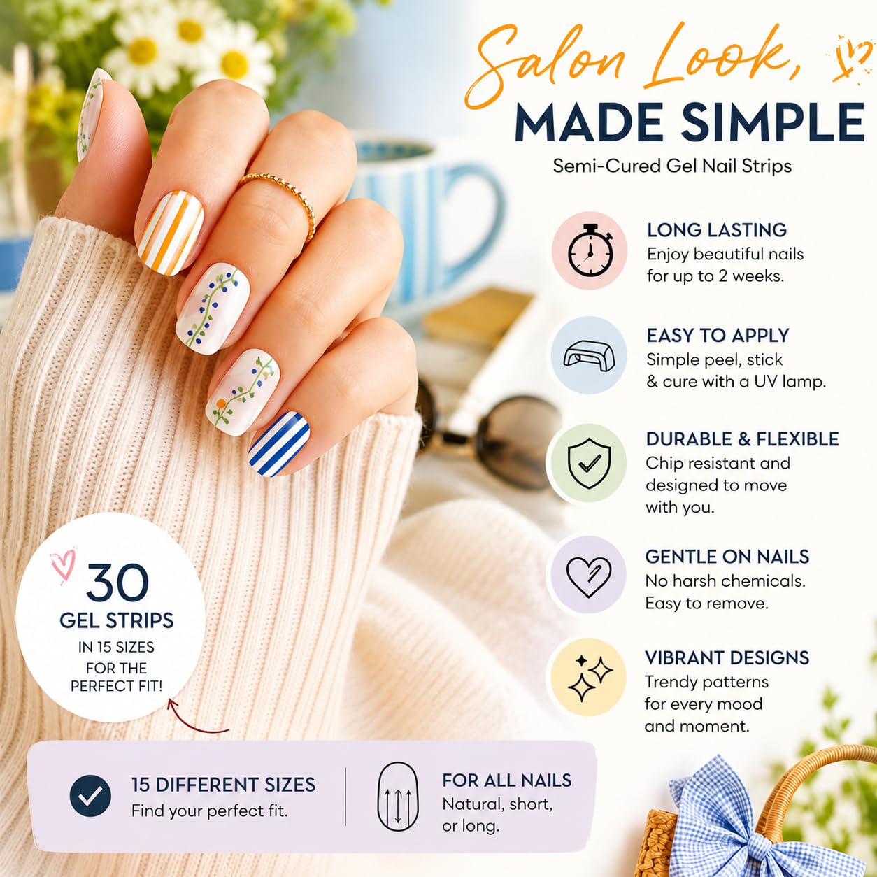 Adora Couture Semi Cured Gel Nail Strips with 30 Pieces - UV Gel Stickers, Manicure Kit, Easy Application Wraps Includes Prep Pads, Nail File, Wooden Stick - UV Light Required (Citrus Garden)