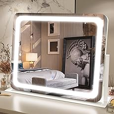 19.6"x15.7" Vanity Mirror with Lights, Large Lighted Mirror, LED Makeup Mirror with 3-Color Dimmable Modes and Smart Touch Control, Perfect for Desk or Bedroom, Vanity Desk Tabletop Makeup, White
