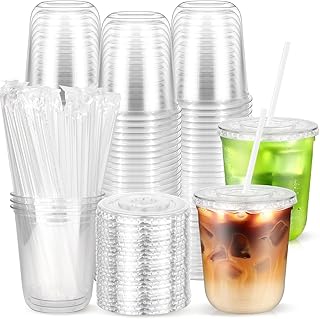 50 Pack 12 oz Clear Plastic Cups with Lids and Straws, Disposable Cups | BPA-Free, Lemonade, Soda, Juice and Cold Beverages, To-Go Drinks, Parties, Picnics, Gatherings and Daily Use