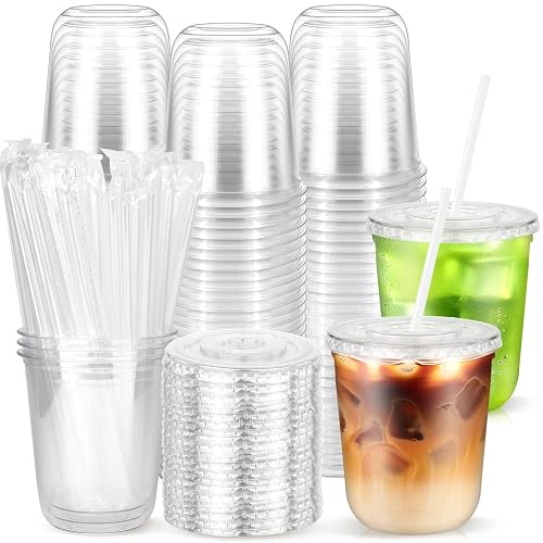 Etersky 50PCS 12 oz Clear Cups with Lids and Straws, Plastic Disposable Coffee Smoothie Milkshake Juice Cups To Go, Iced Drink Cold Beverage Cup for Home, Office, BBQ, Parties, Outdoor Events, Travel