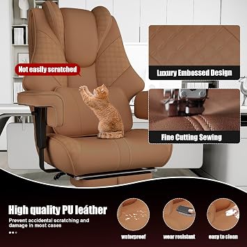 600lbs Big and Tall Office Chair, Wide Ergonomic Leather Executive Chair for Heavy People with Foot Rest, High-Back Reclining Computer Chair with Swivel Wheels and Lumbar Support (Brown)