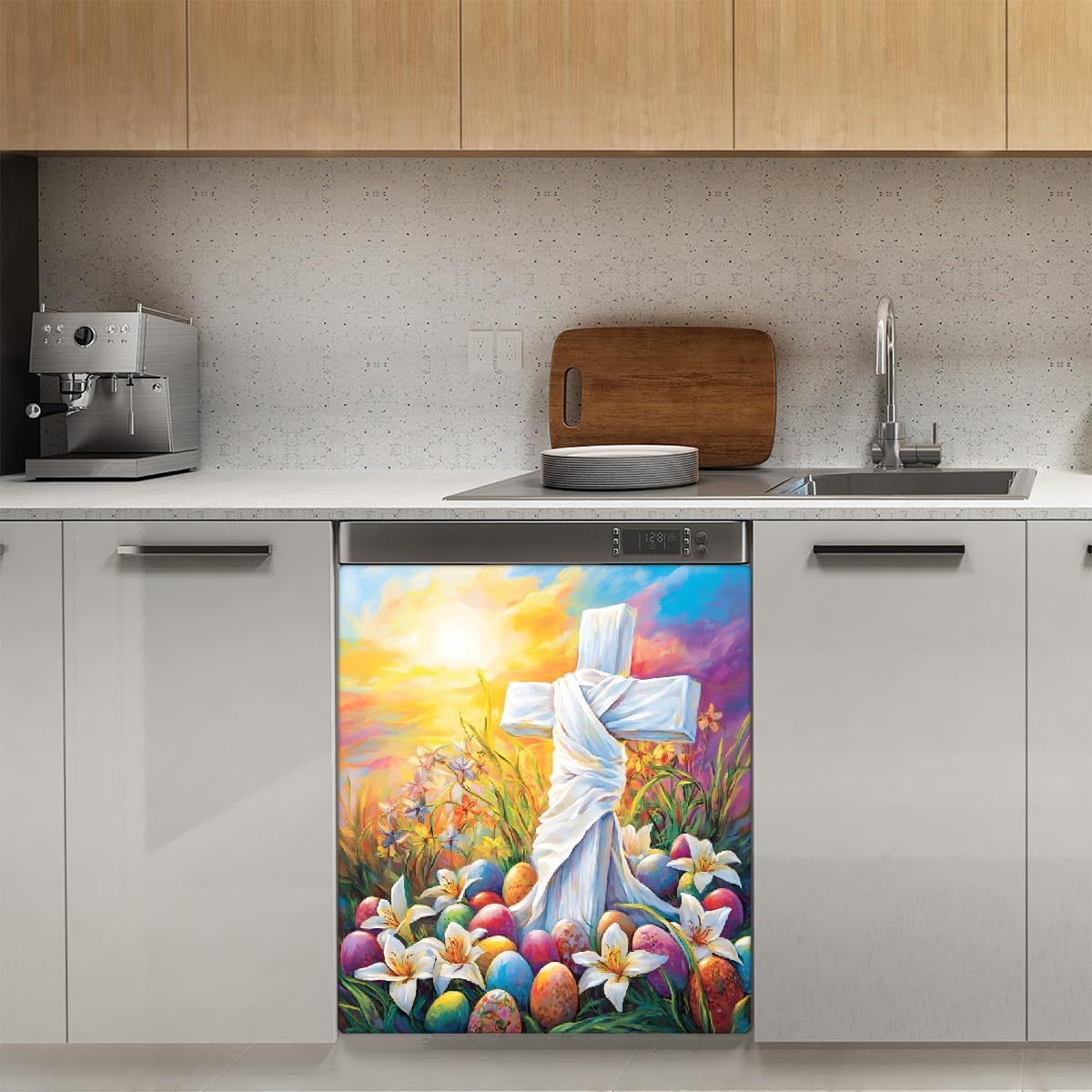 Dishwasher Magnet Cover Easter Cross Colorful Lily Egg Front Dishwasher Cover Decorative Refrigerator Reuseable Home Cabinet Appliances Stickers 23 x 26 inch