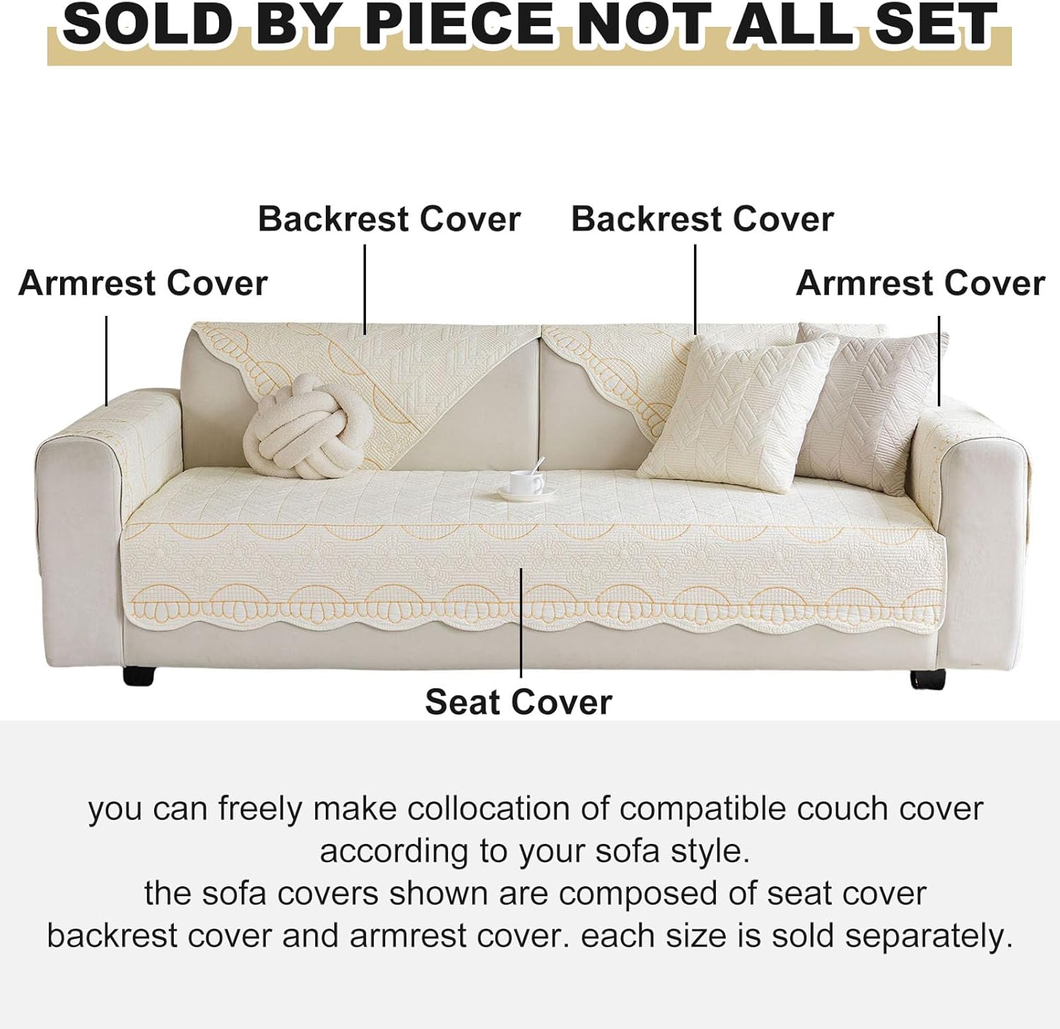 Cotton Quilted Pet Couch Covers for Sofa Farmhouse Rustic Floral Embroidery Sectional Couch Cover Soft Anti-Slip Sofa Slipcover Furniture Protector for Kids, Dogs, Pets (Cream,36"x63")