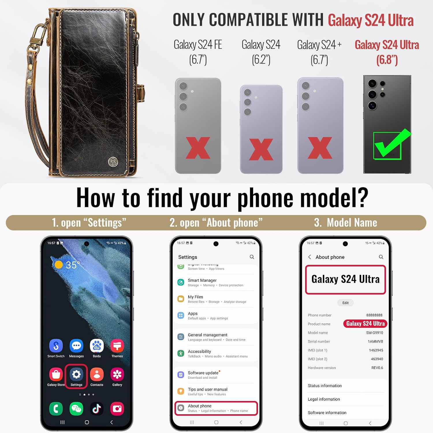 Defencase Compatible with Samsung Galaxy S24 Ultra Case Wallet with RFID Blocking Card Holder for Women Men, PU Leather Magnetic Snap Flip Zipper Strap Phone Case Fit for Galaxy S24 Ultra 5G, Coffee - Image 2