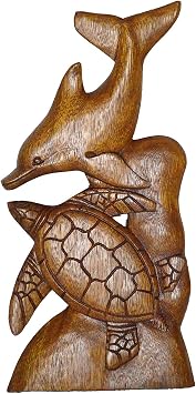 WorldBazzar Beautiful Hand Carved Mahogany Wood Double Turtle Dolphin Ocean Coral Wall Art