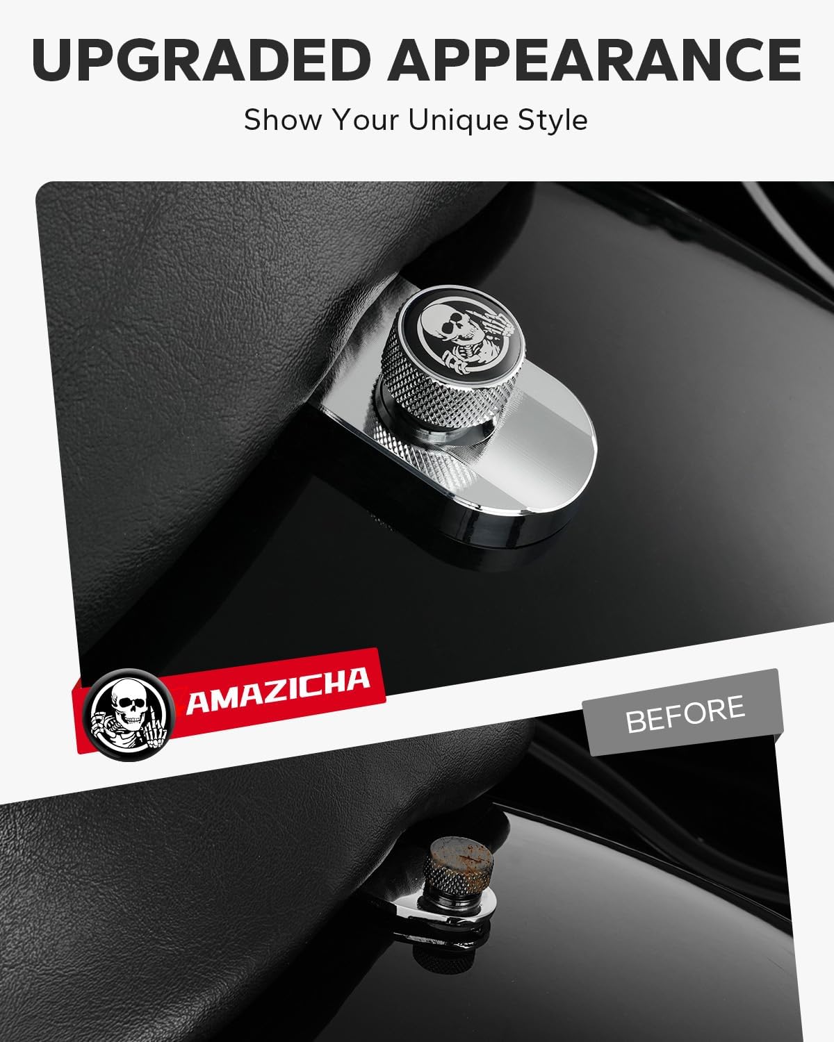 Amazicha Stainless Steel Seat Bolt Skull Pattern Tab Screw Mount Knob Cover Compatible for Harley Davidson Sportster Softail Touring Dyna 1996-2026 Chrome