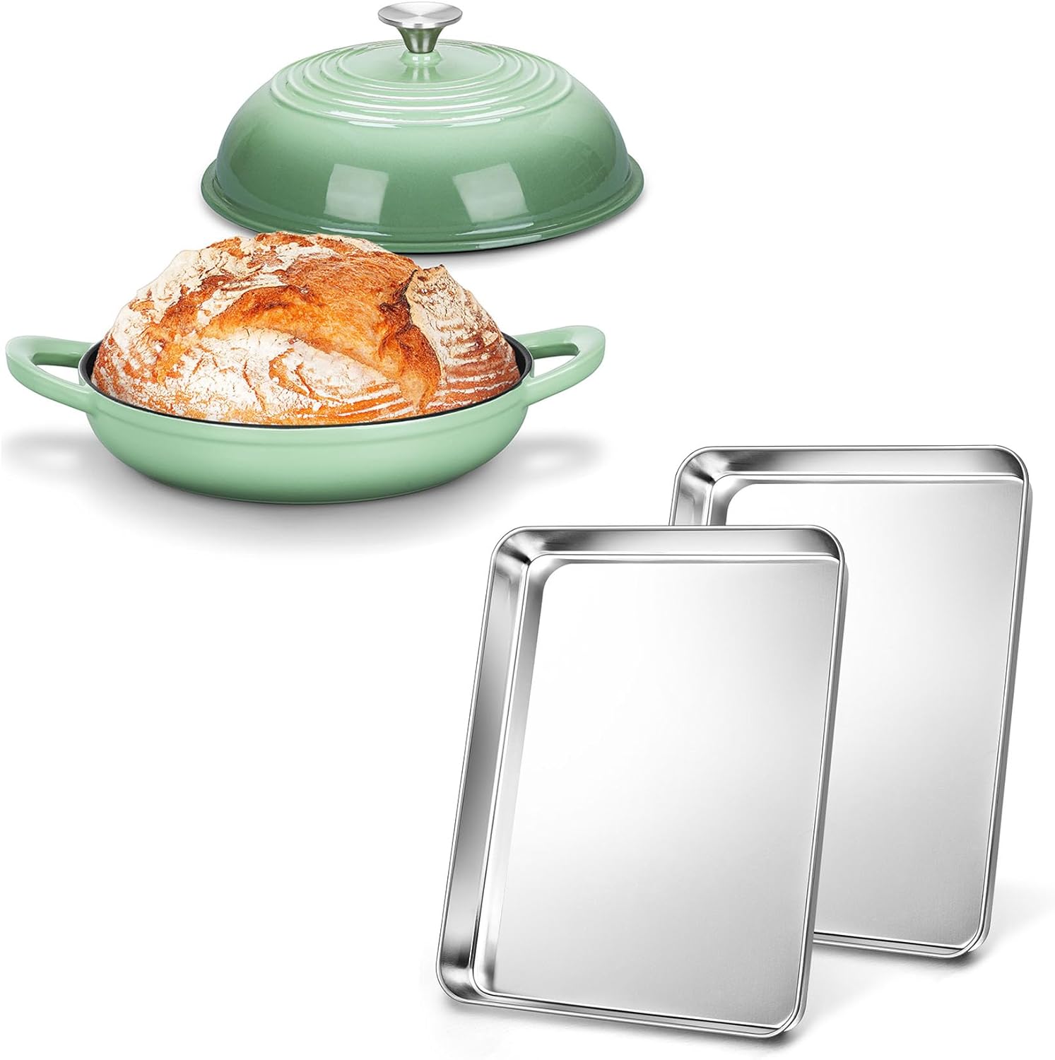 Bread Dutch Oven for Sourdough Baking (5.5 QT) & 17.5 Inch Baking Sheet Pan Set (2Pcs), Joyfair Enameled Cast Iron Dutch Oven Pot with Lid, Stainless Steel Cookie Sheets, Commercial Metal Pans Toaster
