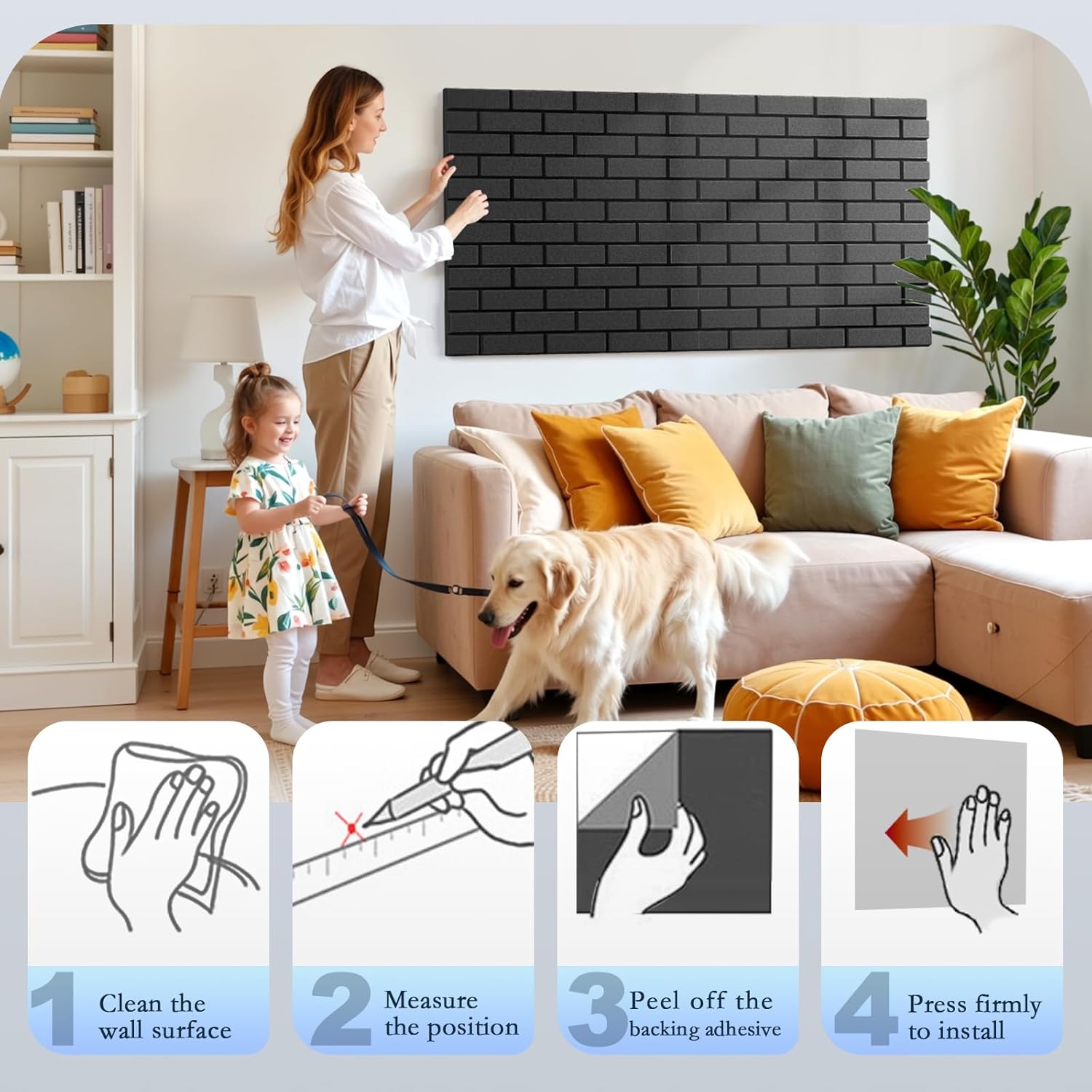 12Pack Acoustic Panels, Self-Adhesive 3D Brick Pattern Sound Proof Panels for Walls, Decorative Sound Dampening Wall Panels for Recording Studios, Offices, Home, 12"×12"×0.4", Black