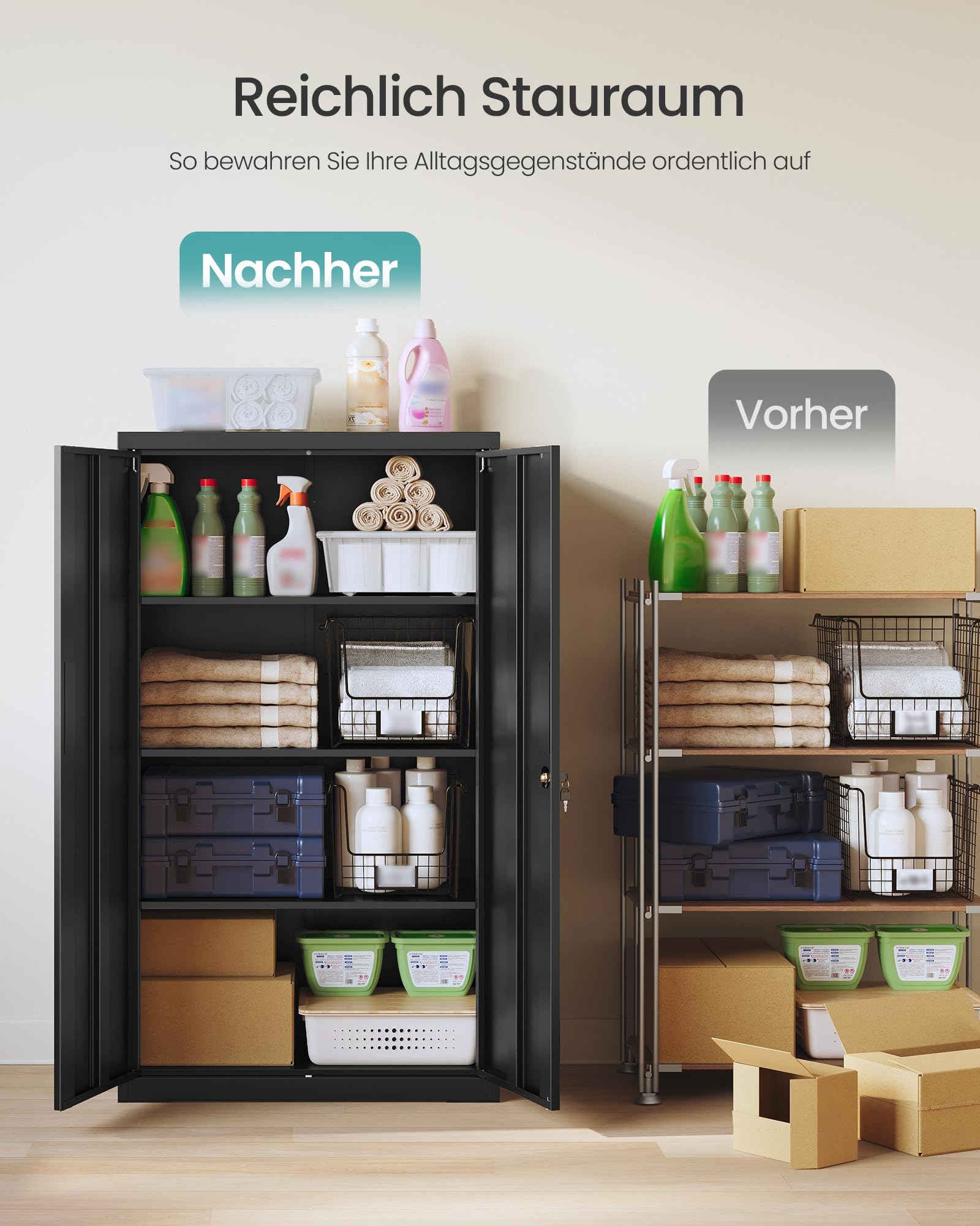 SONGMICS Aktenschrank, Metallschrank, Aufbewahrungsschrank, Büroschrank abschließbar, mit 2 Türen, aus Stahl, 80 x 40 x 140 cm, 3 verstellbare Ablagen, Mattschwarz OMC020BD01