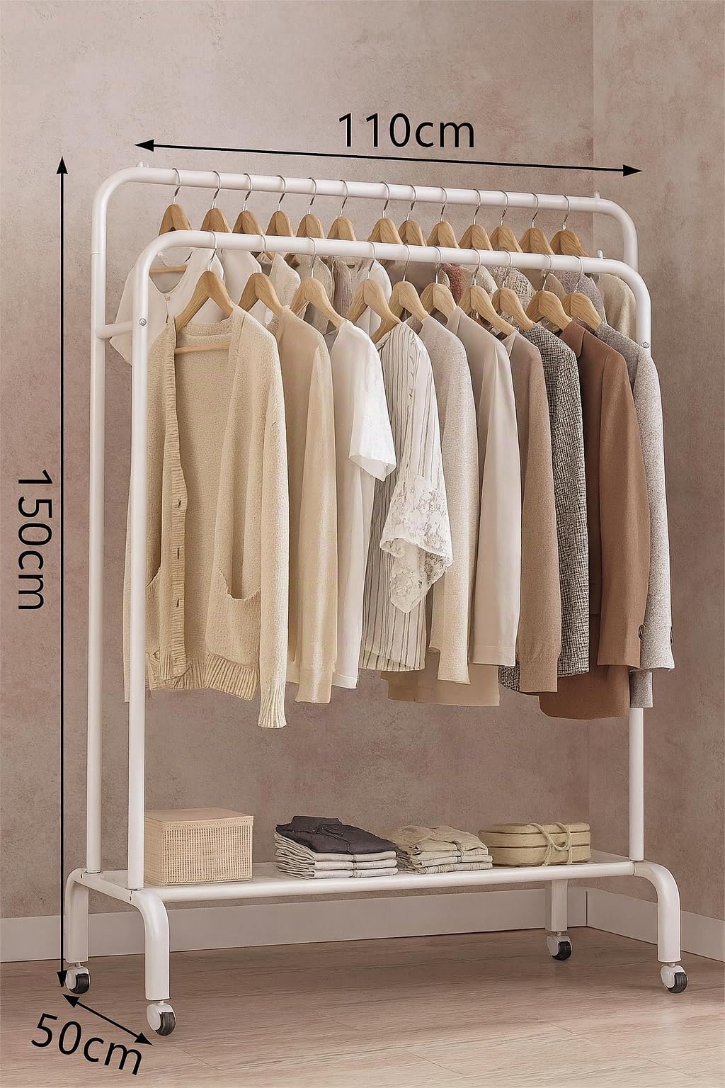 Oceano Stand Appendiabiti Doppio Stender Professionale in Acciaio, Salvaspazio, con Ganci Laterali e Ripiano Inferiore per Scarpe Design Minimal 150x110x50cm (Bianco Con Ruote)
