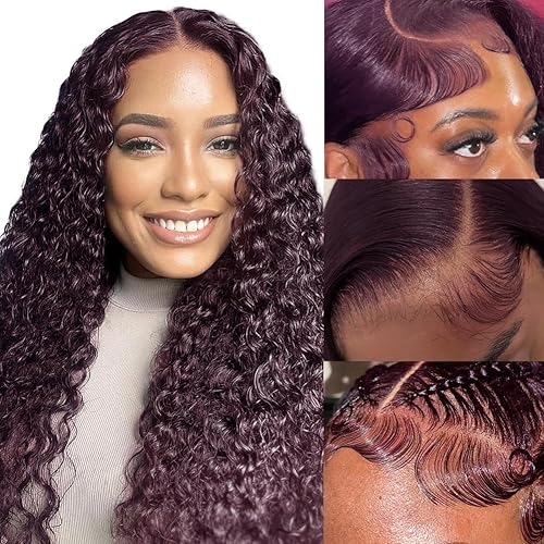 Miniatura 1 de MUGOHK Pelucas de cabello humano con encaje frontal de color borgoña oscuro, rizado de 13 x 4 pulgadas, peluca frontal de encaje HD predepilada con