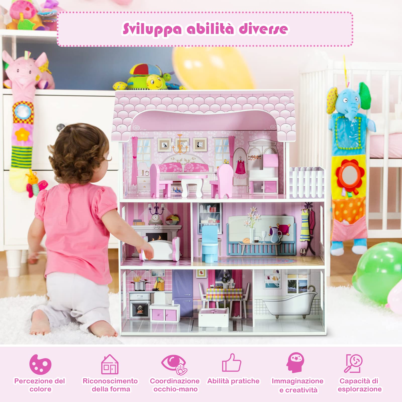 RELAX4LIFE Casa delle Bambole in Legno, 3 Piani, 5 Stanze, Mobili Rimovibili, Design Multicolore, Giocattolo Educativo per Bambini(Tre Piani delle Scoperte)