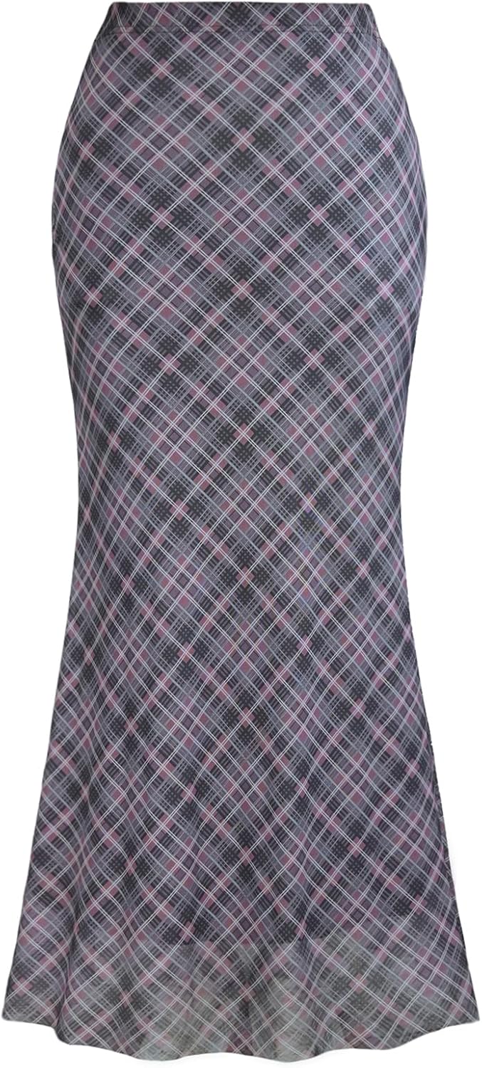 Women's Gothic Mesh Maxi Skirt Elastic High Waisted Flowy Bodycon Y2k Leopard Print Long Skirts for Women