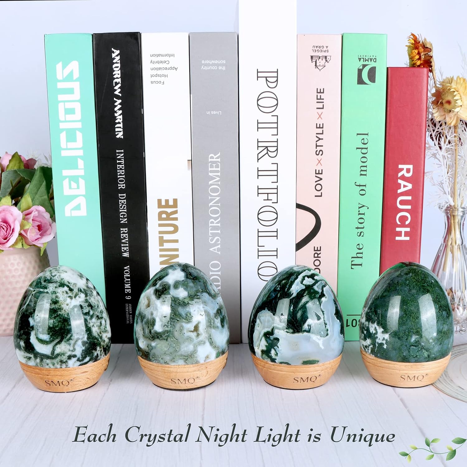 SMQ Moss Agate Crystal Night Light with Rechargeable 2 Colors Touch Control Table Lamp with Wooden Base for Kids Adult Living Room Bedroom(Egg-Shape)