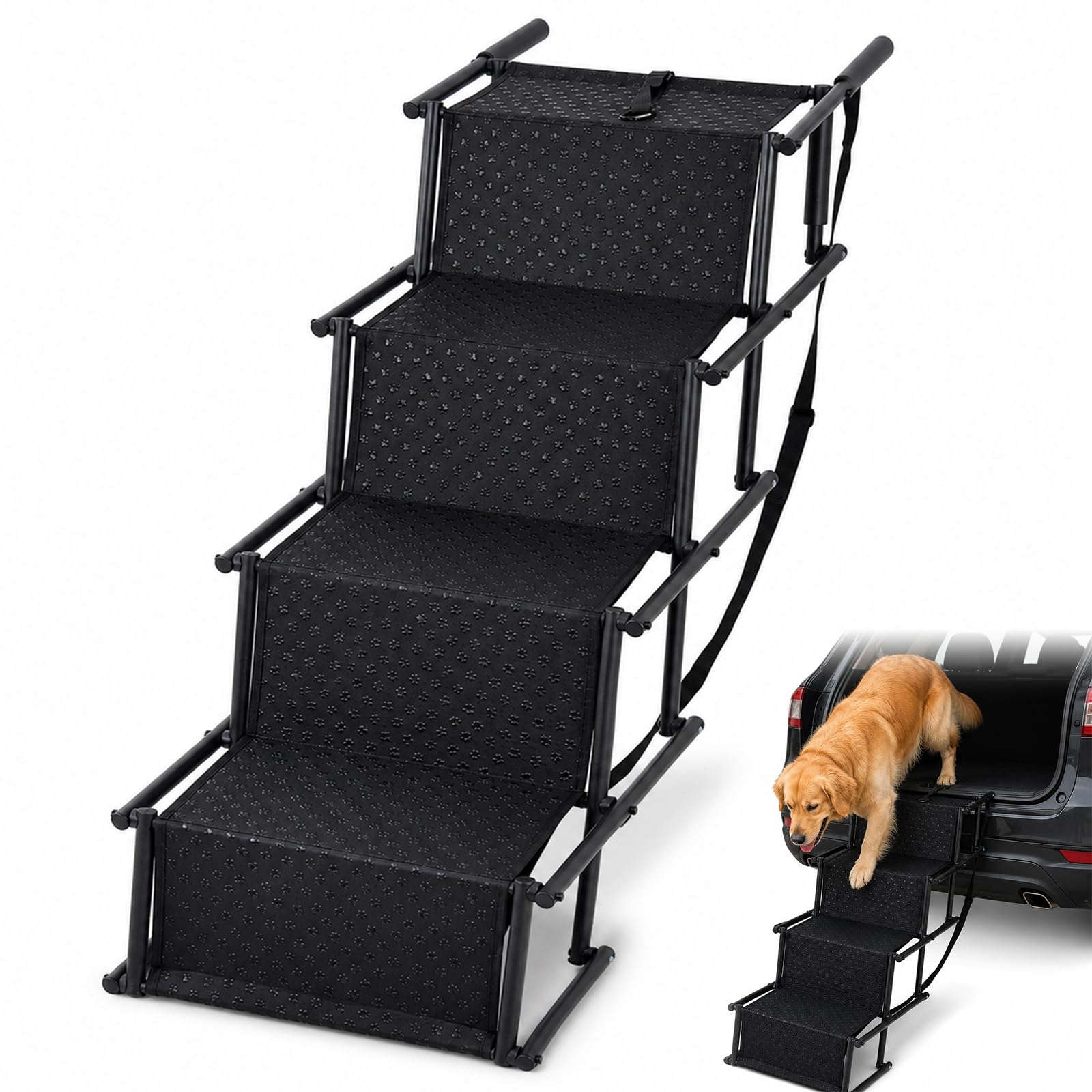 Hundetreppe Auto, Hunderampe Auto Klappbar, Einstiegshilfe Hund Leiter Bis 60 kg, Hundeleiter Faltbar mit Anti-rutsch Einsatz für Die Kleine, Mittlere, Große, 4 Stufen