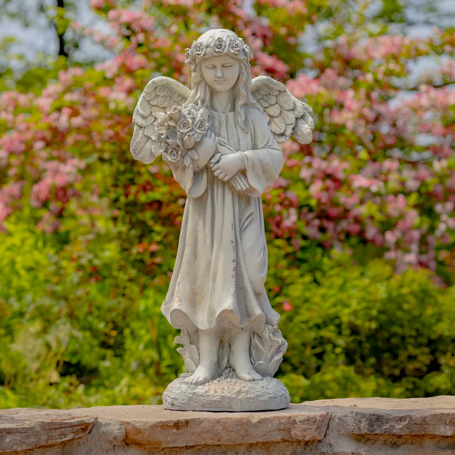 Zaer Ltd. 39" Tall Magnesium Angel Statue Figurines for Outdoor and Indoor Use (Holding a Birdbath Jazmin, Antique White)