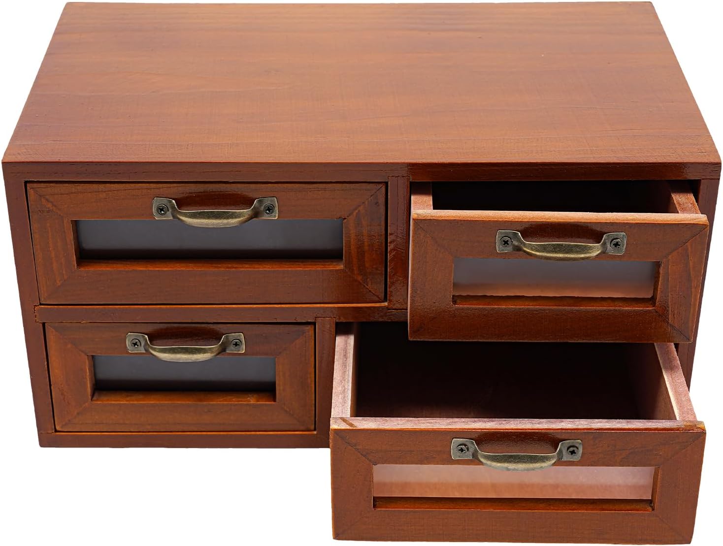 4PCS 16-Drawer Wooden Storage Box,VIntage Filing Cabinet in Walnut Wood,16-Slot Wooden Desk Drawer Unit with Handles,Multi Level Countertop Drawer Organizer,23.6x7.3x12" (Clear Door)