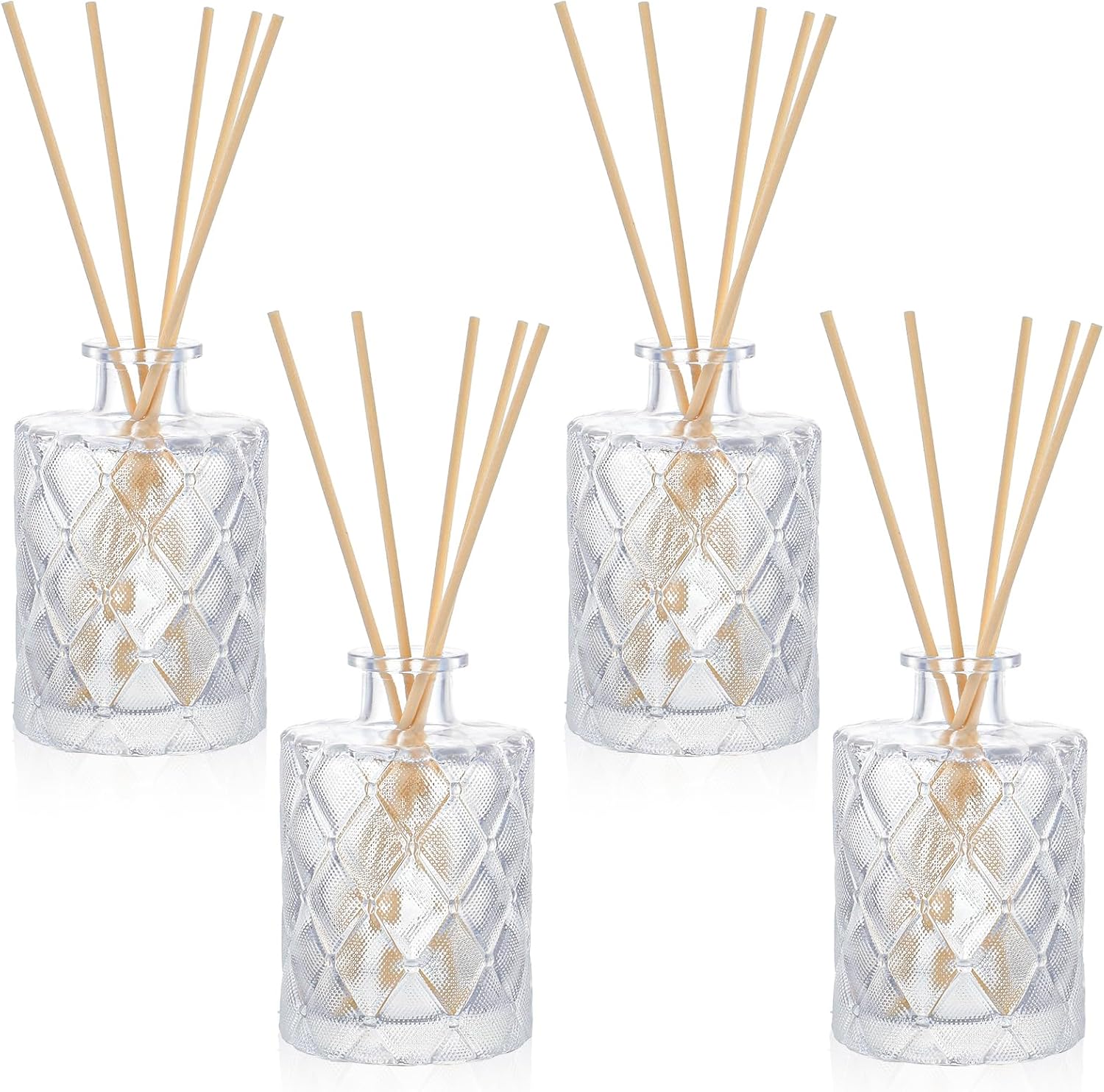 4 Pack Glass Reed Diffusers Bottles for Home, Diffuser Bottles with 20 Pcs Reed Diffuser Sticks, Vintage Embossed Apothecary Style Flower Bud Vases with Cork Lids