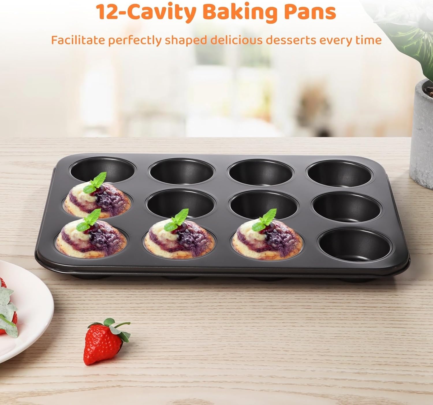 Non-Stick Carbon Steel Baking Pans, 13.8×10.4, 12 Hole Mini Sandwich Tins with Loose Bases, 2 Pcs Mini Cheesecake Pans, 12-Cavity Muffin Cupcake Pans with Removable Bottom