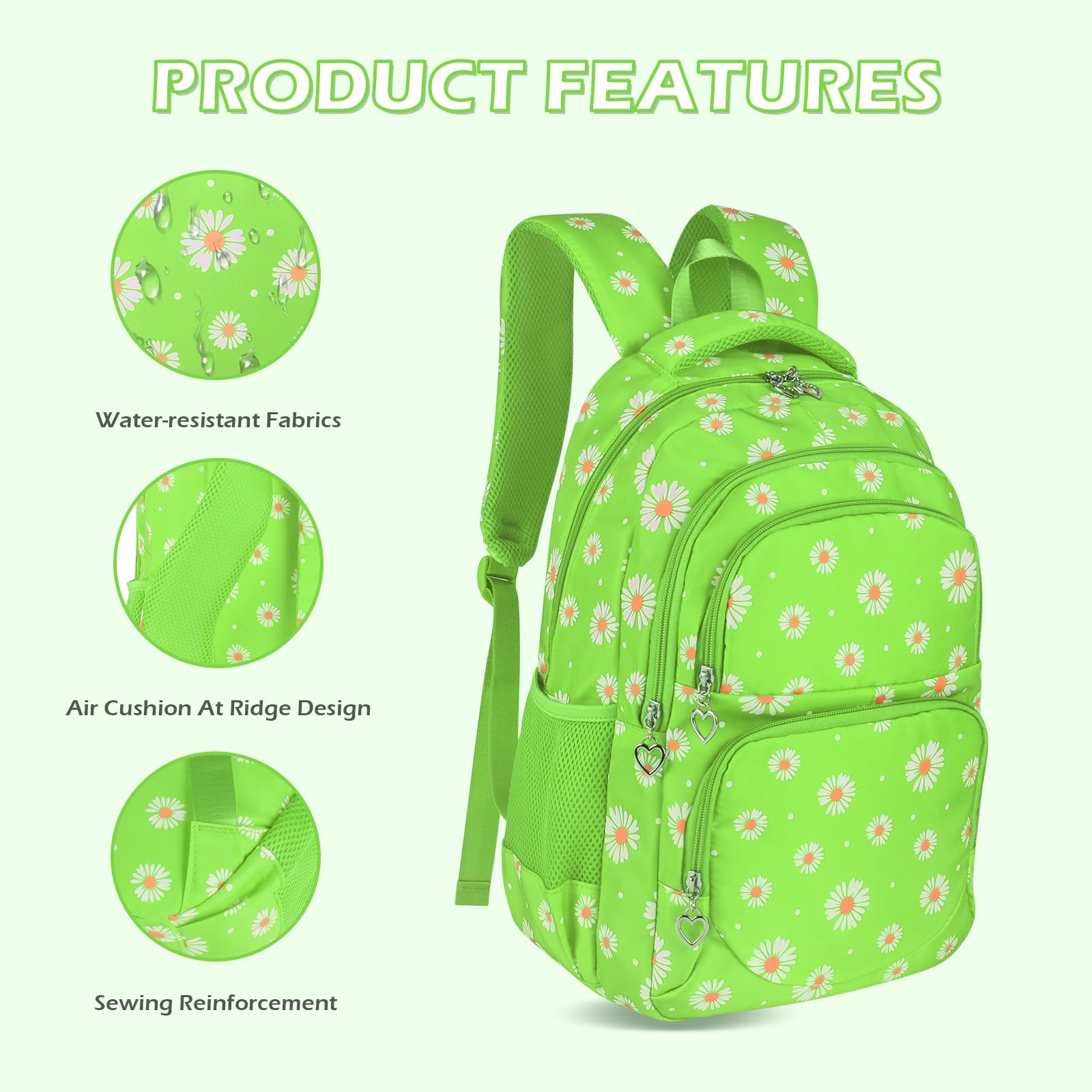 SIVENKE Set di zaino per la scuola con stampa di margherite, con borsa per il pranzo, astuccio, 3 pezzi, borse per la scuola per adolescenti, ragazze, ragazzi, scuola elementare, media, resistente