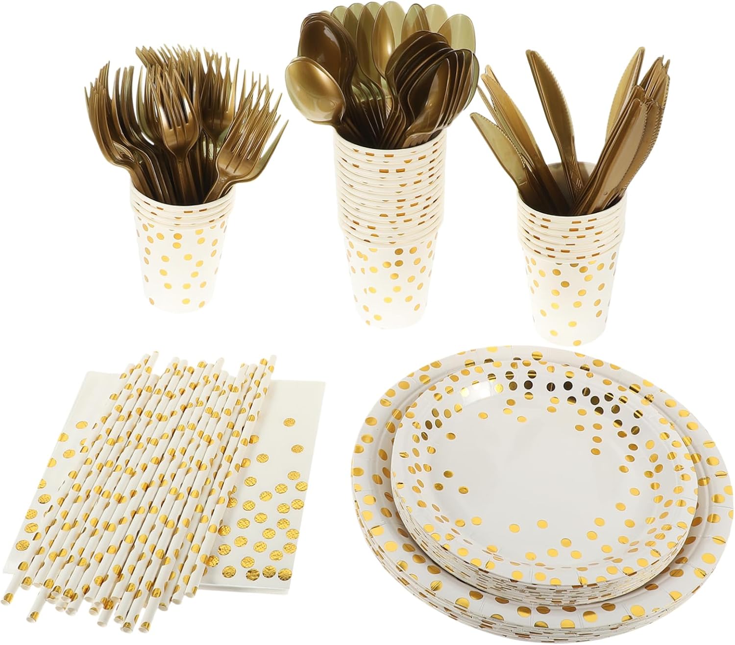 Ciieeo Practical Paper Tableware Set Gold Stamping Party Plates Cups Napkins Silverware for Festivals