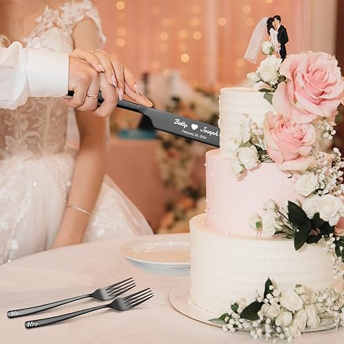 Miniatura 4 de Juego de cuchillos y servidores personalizados para tartas de boda, tenedores de acero inoxidable, cortador de tartas, juego de corte de pastel