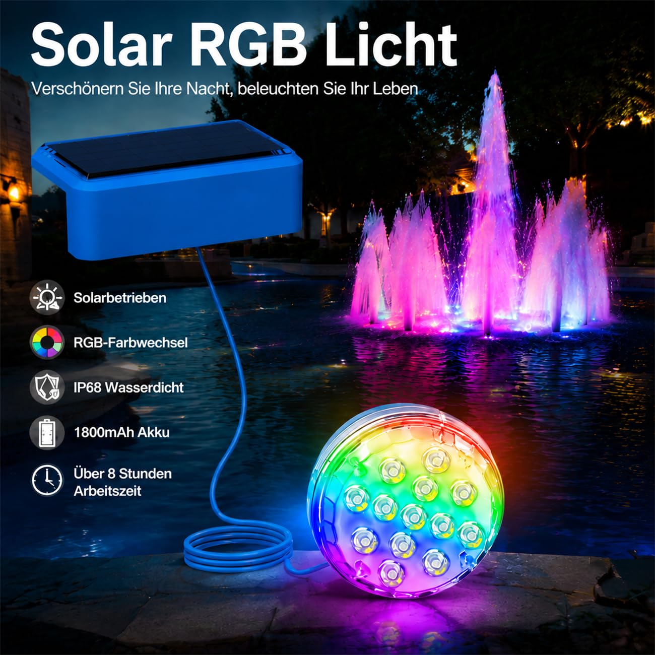 MEIION Solar RGB Gartenleuchte mit Fernbedienung, IP68 Wasserdicht, 13 LEDs, Solar Pool Licht für Außen, Teich, Terrasse, Balkon, Farbwechsel, 8+ Stunden Leuchtdauer, 1800mAh Akku