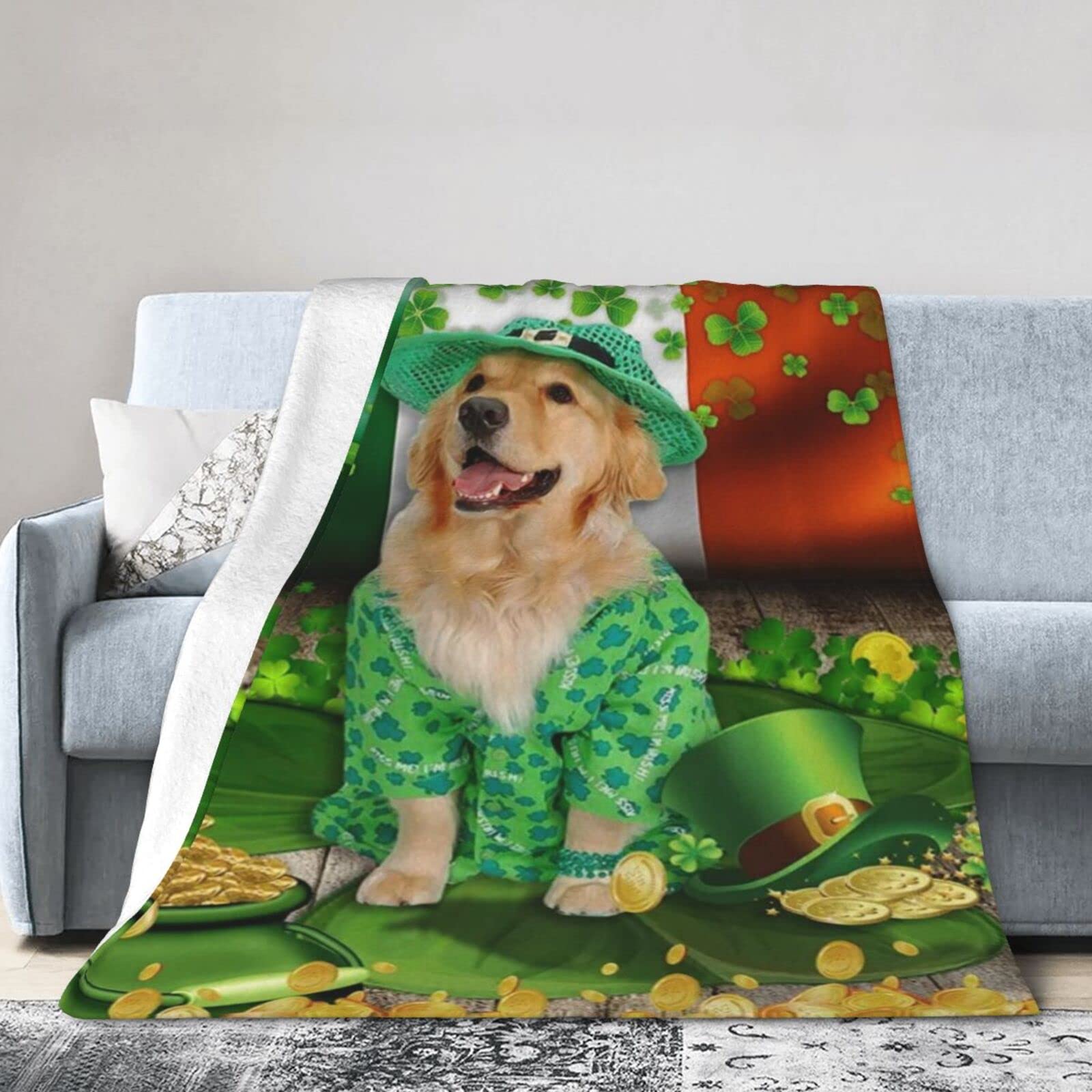 Lsjuee Flannel Fleece Blanket 50"X40" Golden Retriever St. Patrick‘s Day Sofa Throw Blanket Lightweight Ultra-Soft Travel Spring Blankets for Adult Keep Warm