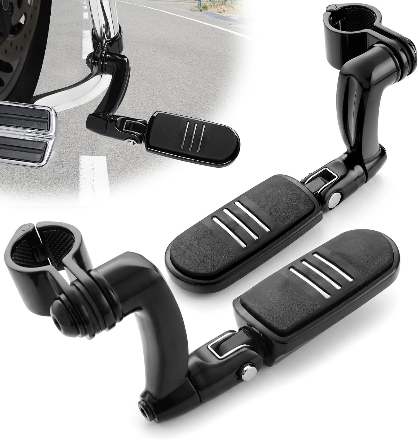 Benlari Highway Pegs Longhorn Offset, 1-1/4" 304 Stainless Steel Clamps Extension Arms Footpegs Fit for Harley Touring Street Glide Softail Dyna Sportster fits 1.25"(32mm) Engine Guard Style1(Chrome)