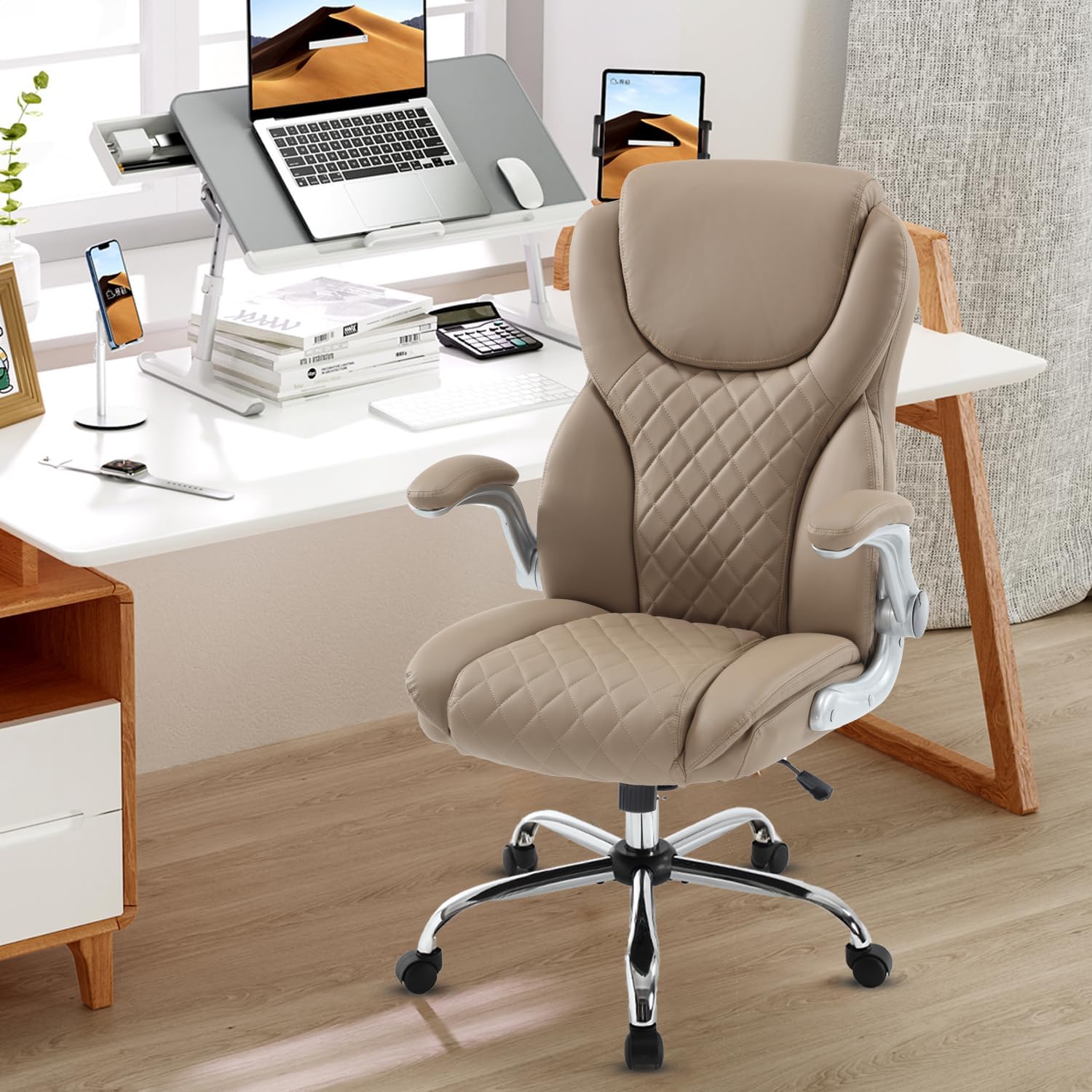 Leather Executive Office Chair, Big and Tall High Back Ergonomic Desk Chairs with Wheels, 90-120° Rocking Managerial Home Computer Chairs with Flip up Arms and Lumbar Support, Light Brown