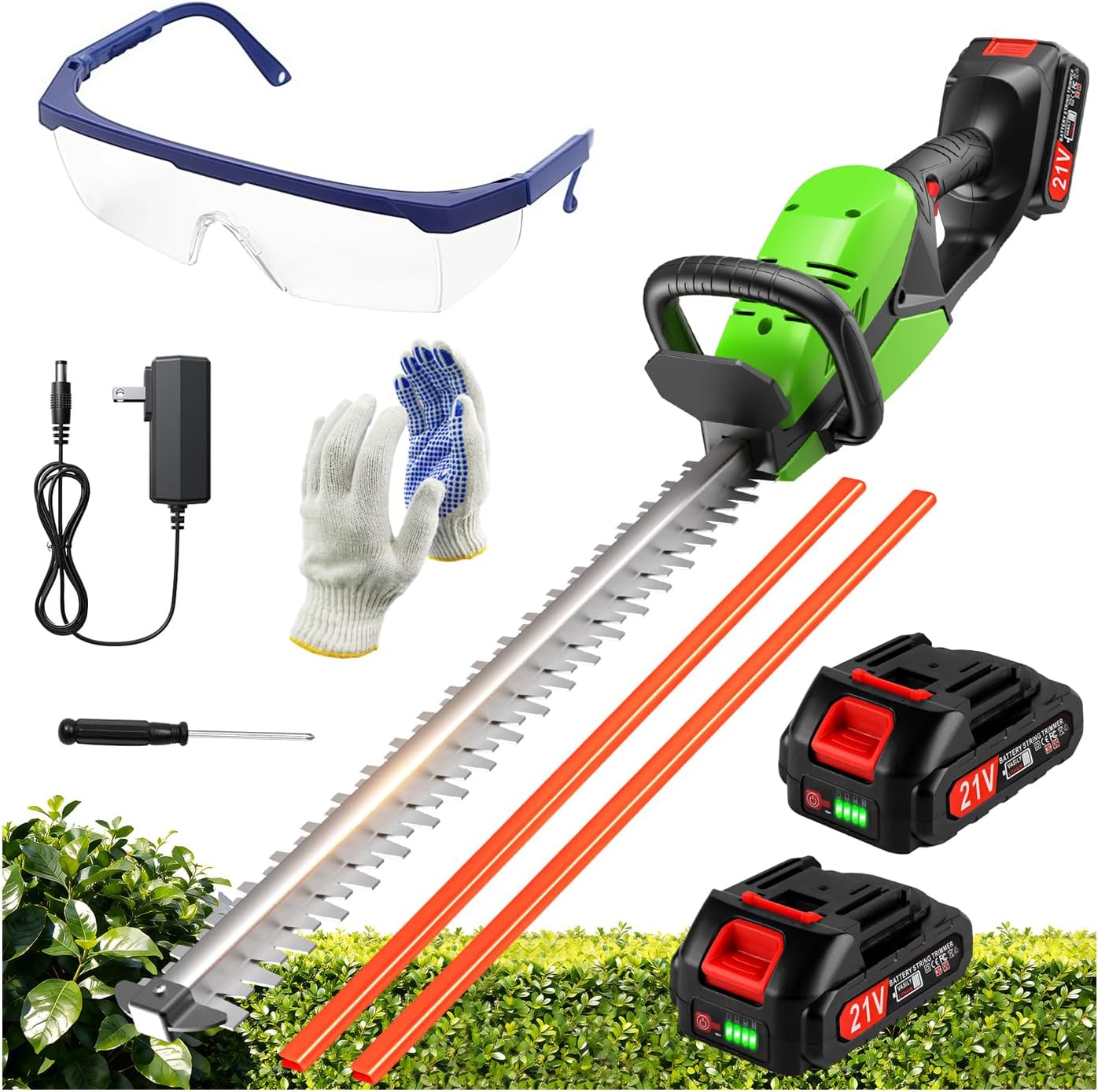 Electric Hedge Trimmers 21v Cordless Hedge Trimmer with Battery & Charger Included Handheld Electric Trimmers with Steel Blade Bush Trimmer for Garden Yard, Green