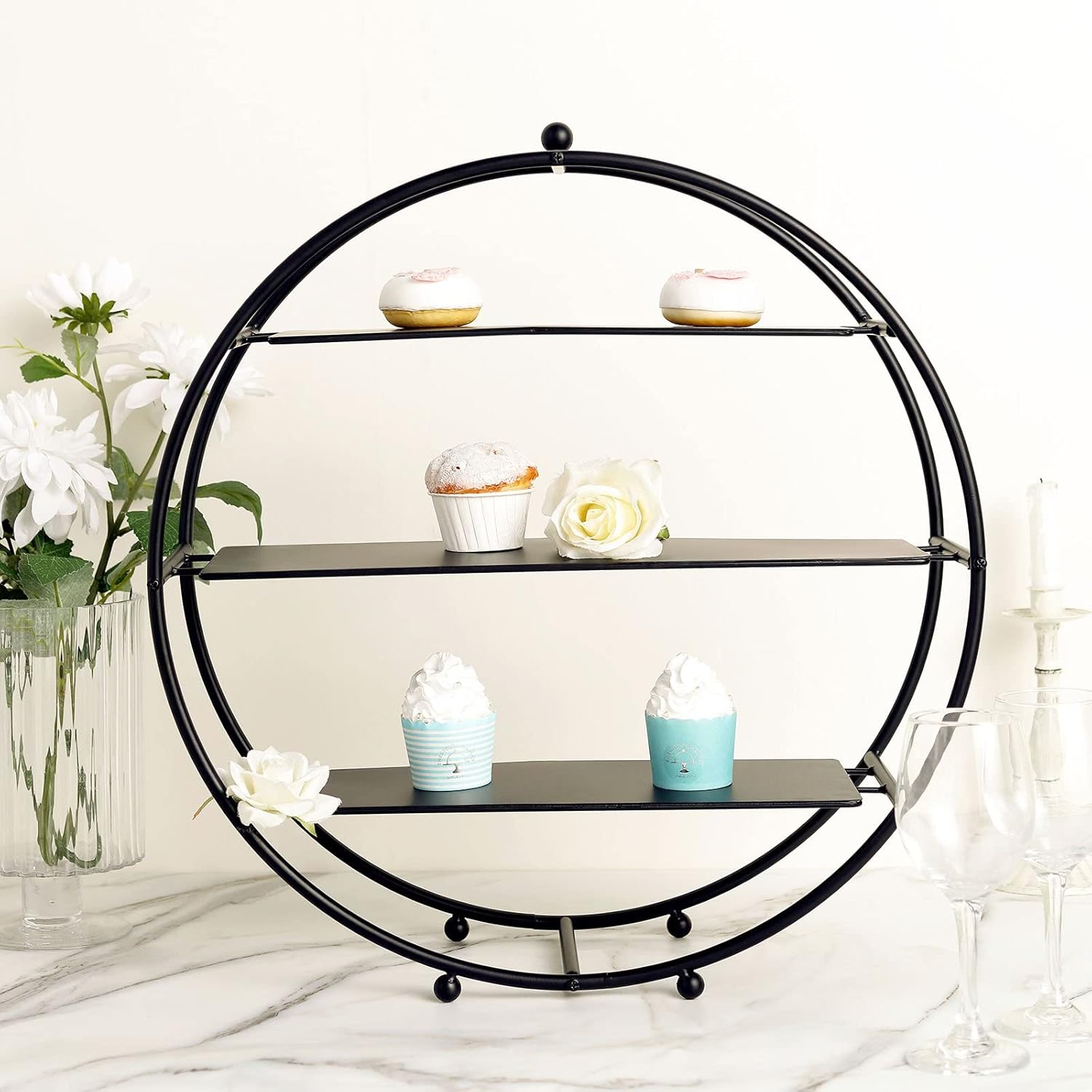 21 Inches Matte Black 3 Tier Metal Wheel Cupcake Holder Dessert Stand | Display Tower for Birthday Wedding Party Events Reception Catering Dining Decorations Supplies