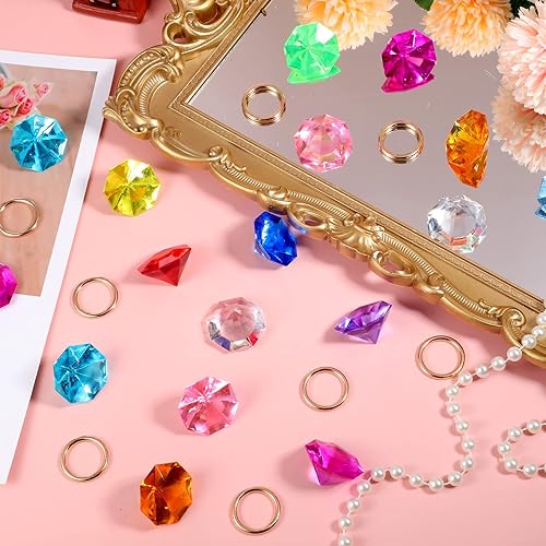 Miniatura 5 de Chalyna Juego de 70 anillos redondos de aleación de oro con gemas acrílicas, con bolsa de regalo para suministros de fiesta de cumpleaños, 7.9 x