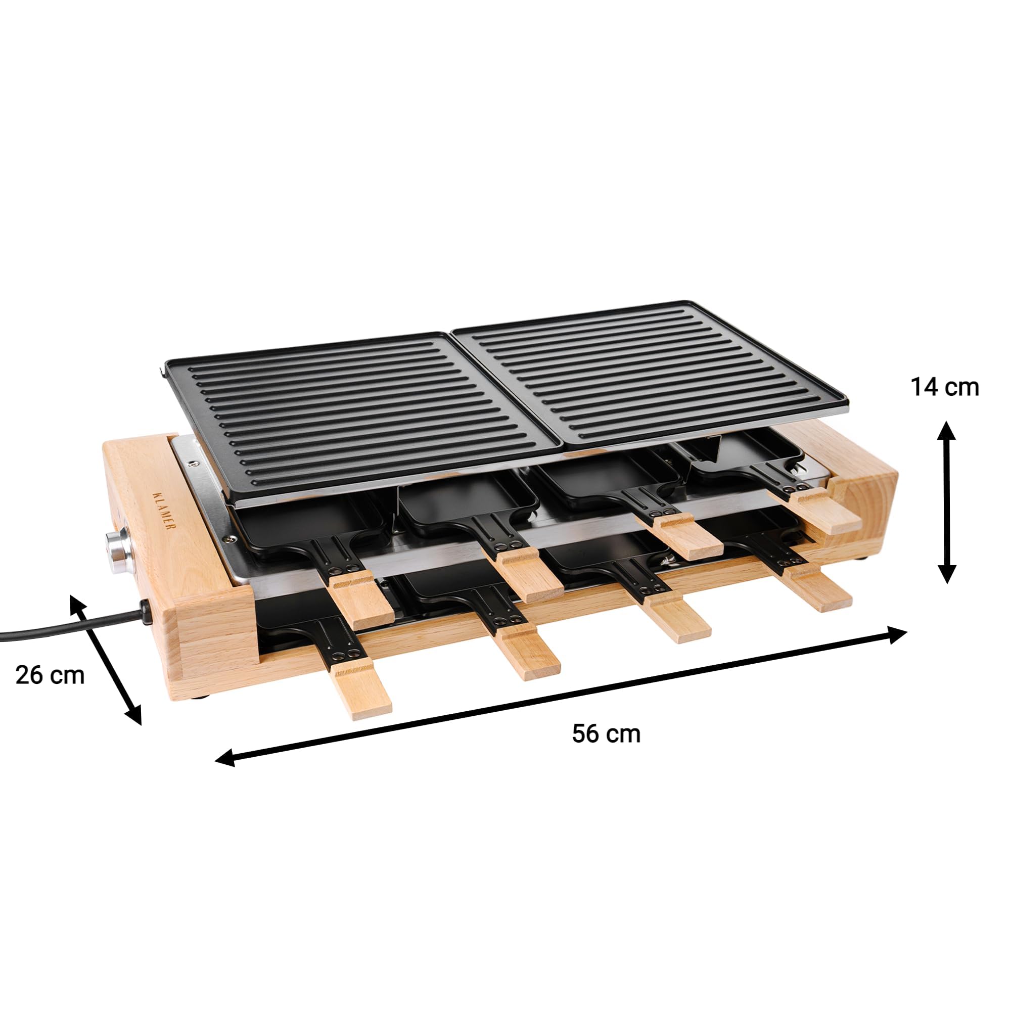 KLAMER Raclette Grill 8 Personen 1500 W mit Holzgestell & Parkdeck, Alu-Druckguss-Grillplatte antihaft, stufenlos regelbar, ILAG Beschichtung, Test „Sehr gut (1,4)“, deutsche Marke Berlin