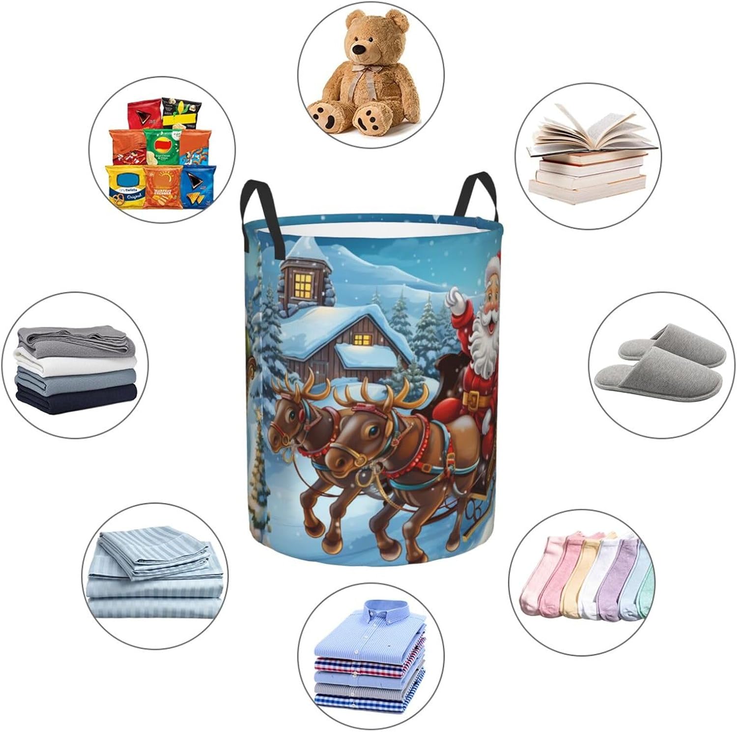 Laundry Basket Collapsible Laundry Hamper Waterproof Christmas Santa Claus Reindeer Clothes Organizer with Handles Round Tall Clothes Hamper for Bedroom Bathroom