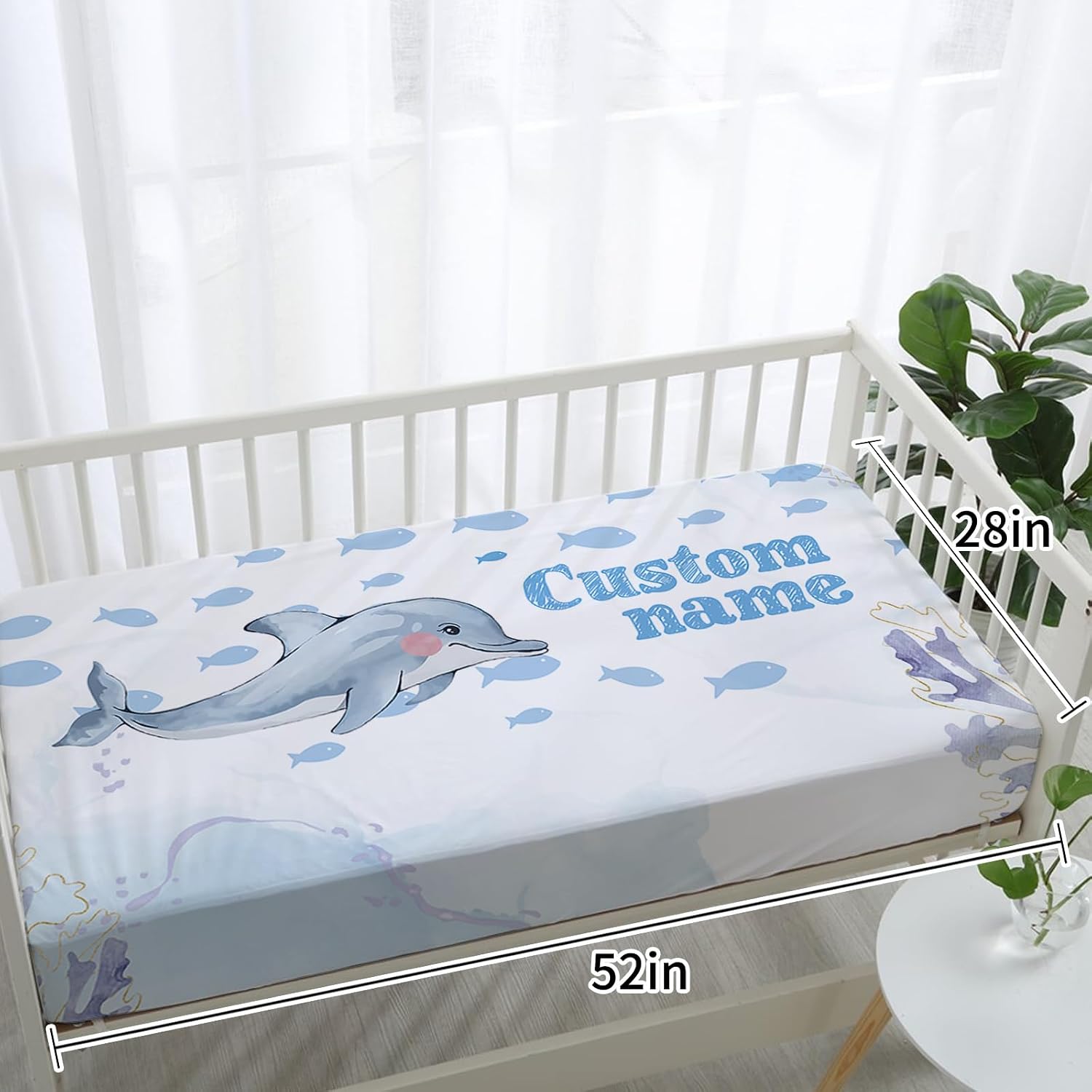 Custom Baby Crib Bedding Set, Personalized Name Blue Dolphin Theme Crib Set 3 Pcs, Soft Double Layer Blanket, Crib Sheet & Room Rug, Ideal Nursery Decor Gift for Baby Girls Boys