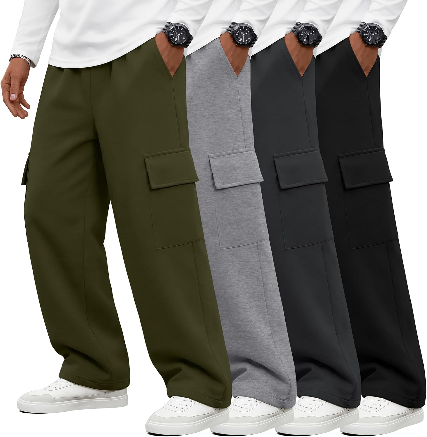 4 Pack Boys Wide Leg Cargo Sweatpants Baggy Elastic Waist Athletic Pants Loose Sweat Pants with Patch Pocket 7-16 Y