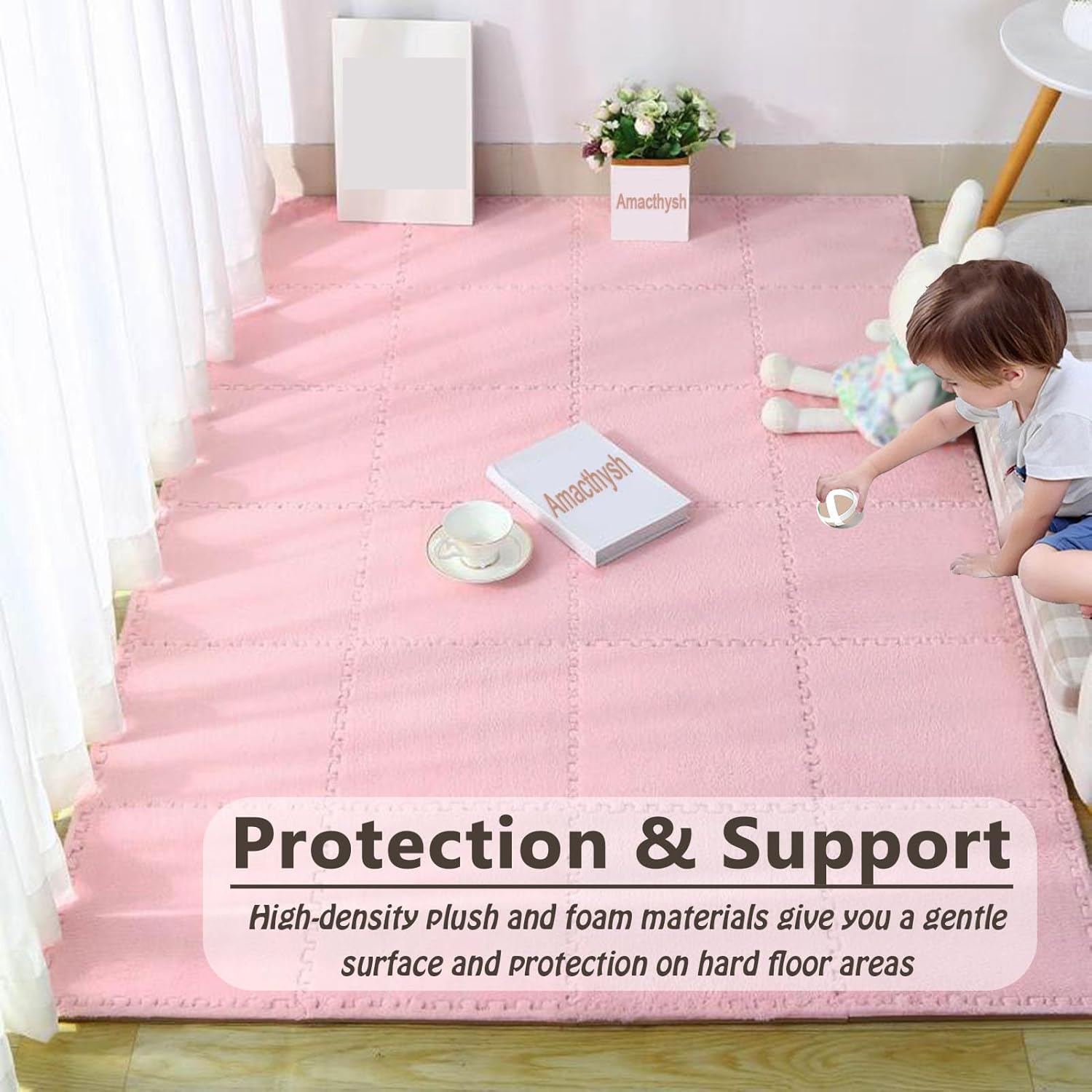 20 Pcs Carpet Puzzle Mats for Floor,Plush Interlocking Carpet Tiles,Plush Puzzle Foam Floor Tiles Squares,for Playroom,Home Decor,4 Ft X 5 Ft(0.39 Inch,Color:White+Purple)