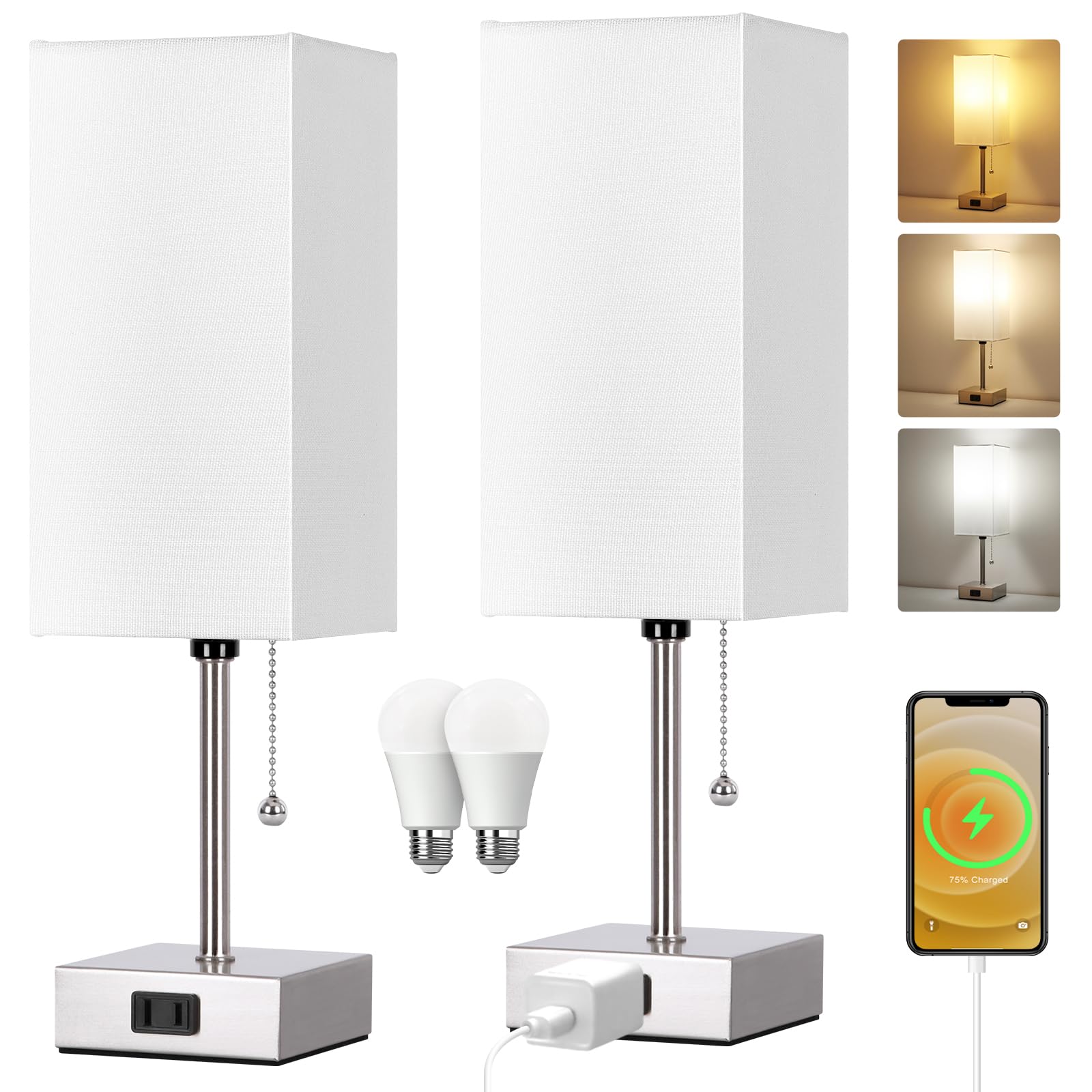 Dott Arts Touch Control Bedside Lamp, 3 Way Dimmable Nightstand Lamp with 2 USB Ports & AC Outlet, Modern Style, White Fabric Shade