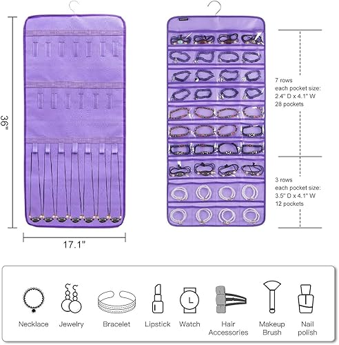 Miniatura 7 de Organizador de joyas colgante de doble cara con 40 bolsillos y 20 bucles de gancho, organizador de joyas para aretes, pulseras, anillos con colgador