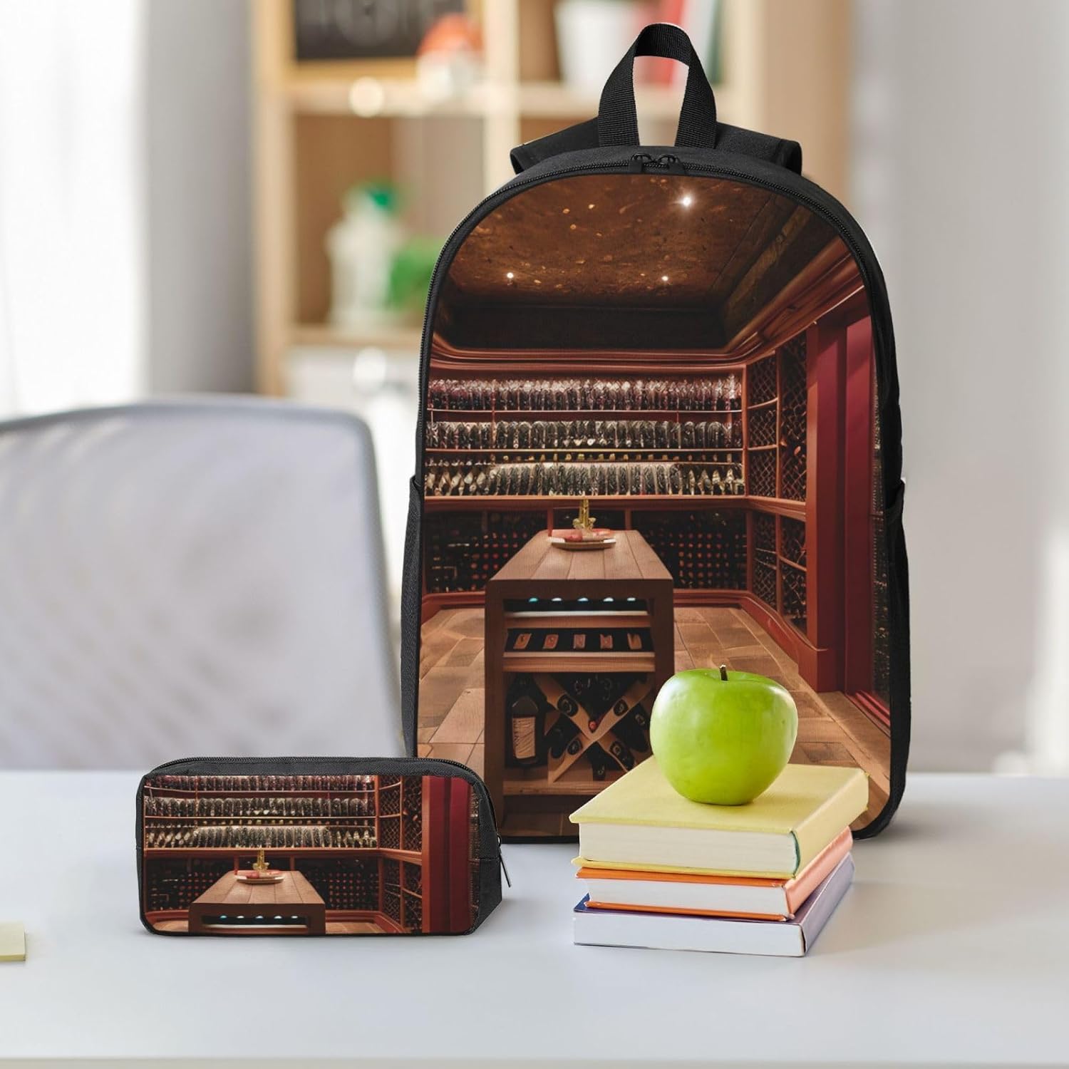 Red Wine Cellar print 3 Piece Backpack Bags with Lunch Box Pencil Case Set for Travel Work Camping Unisex