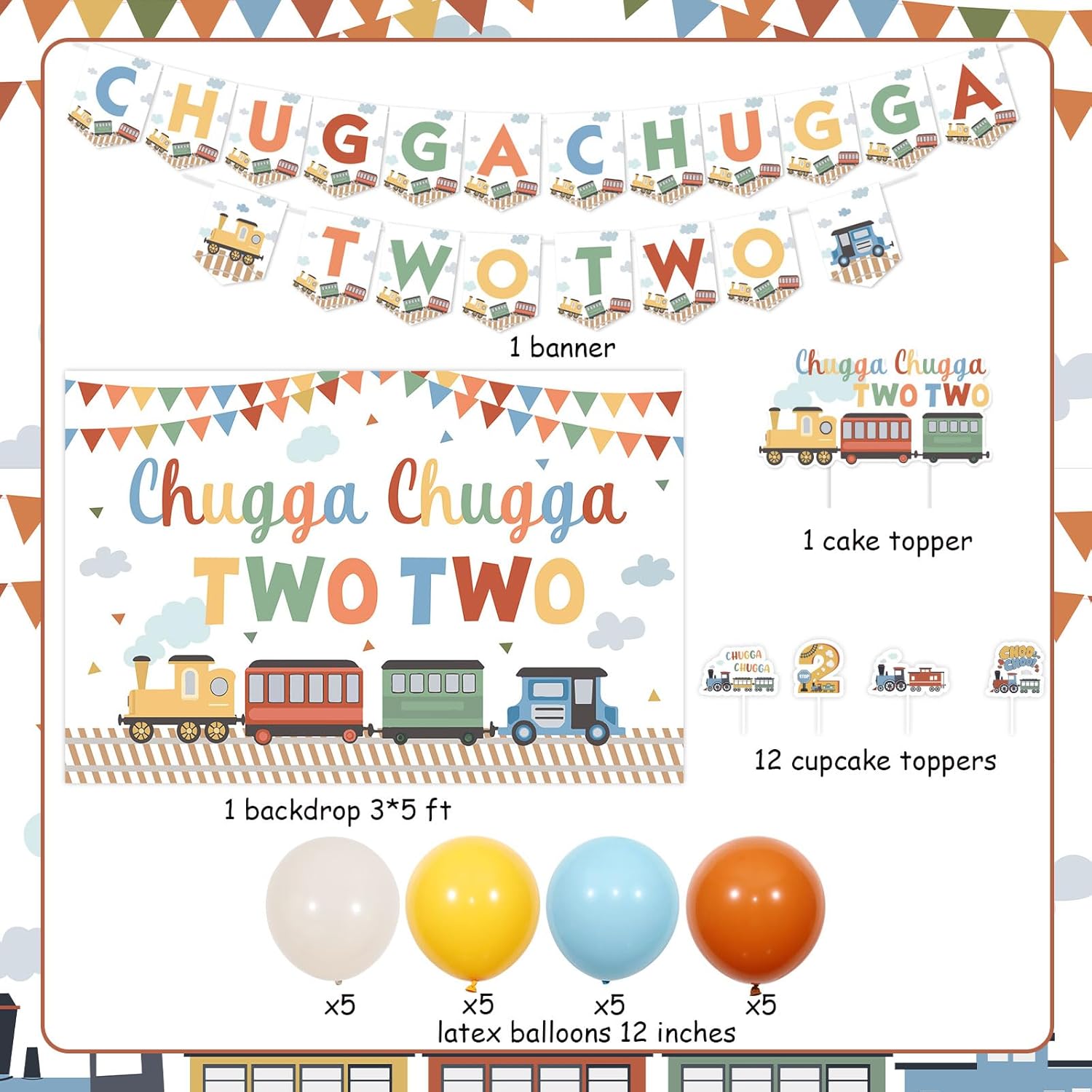 Kreatwow Train 2nd Birthday Party Decorations Chugga Chugga Two Two Backdrop Banner Cake Toppers Railroad Theme Second Birthday Decorations Transportation Theme Two Years Old Party Supplies