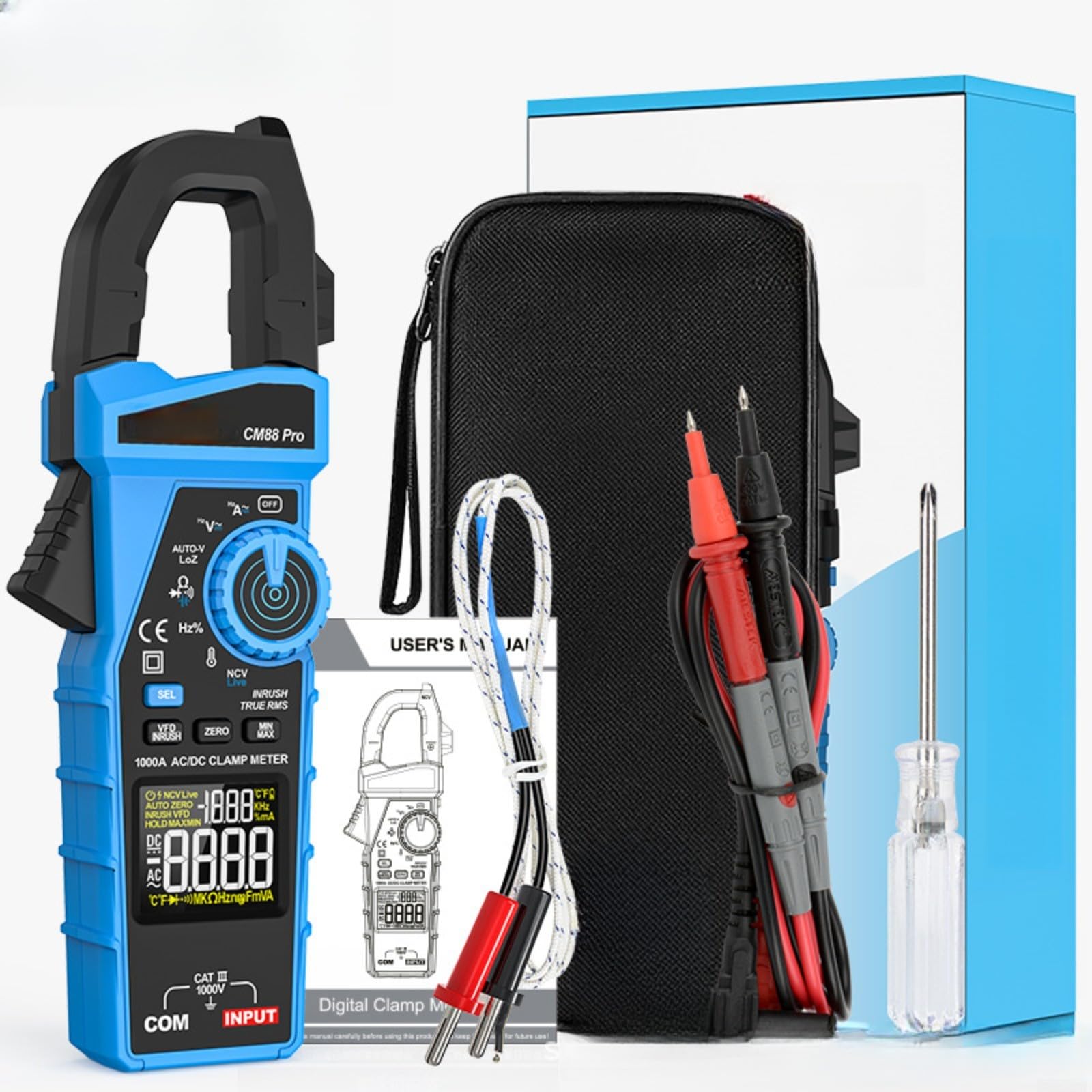 CM88pro, multimetro digitale a morsetto 1000 A AC/DC True RMS, con rilevamento automatico della tensione, senza contatto, display LCD e multifunzione per riparazione e manutenzione