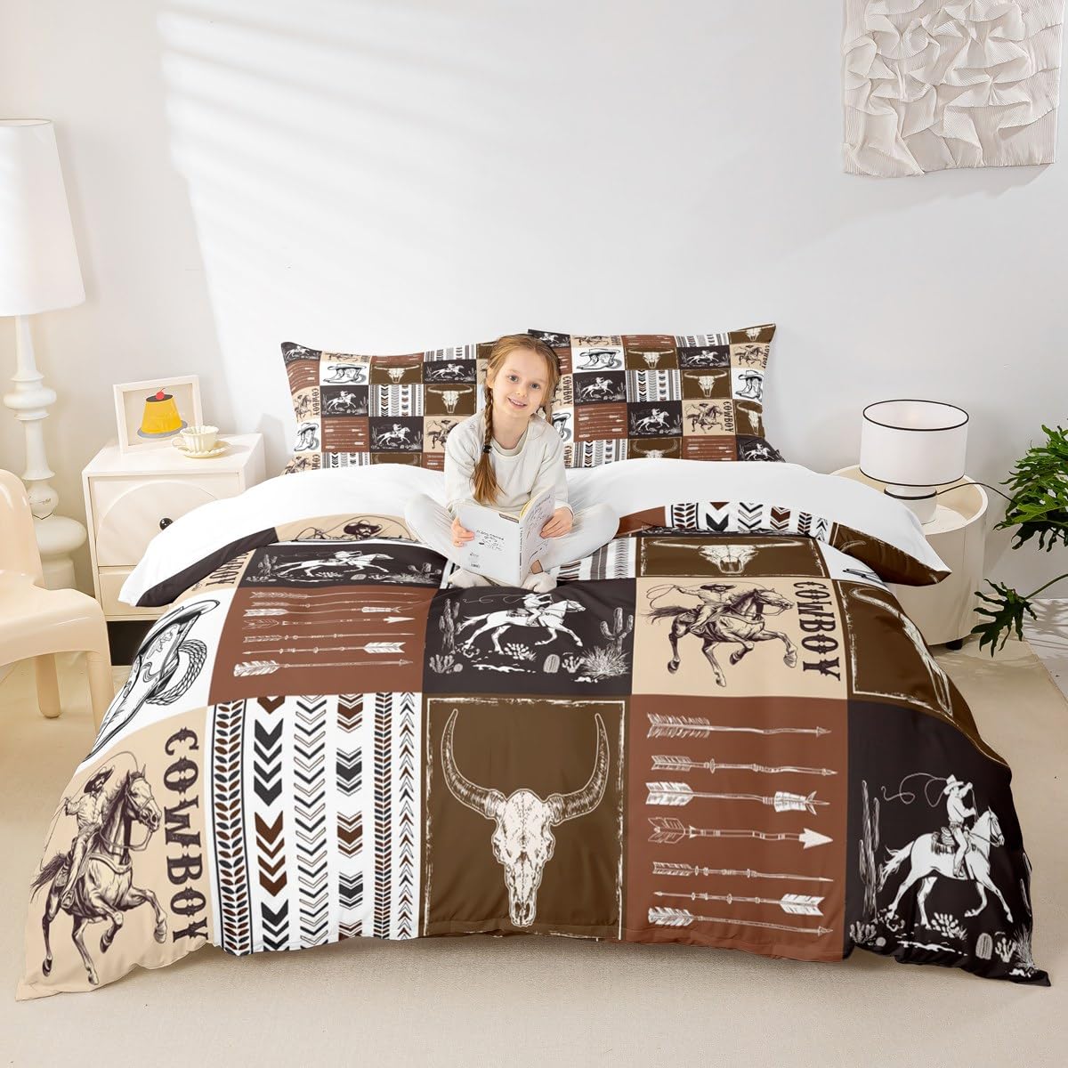 Western Cowboy Kids Duvet Cover Set Twin Size, Bull Skull Horse Arrow Print Quilt Cover with 1 Pillowcase, American West Brown Lattice Patchwork