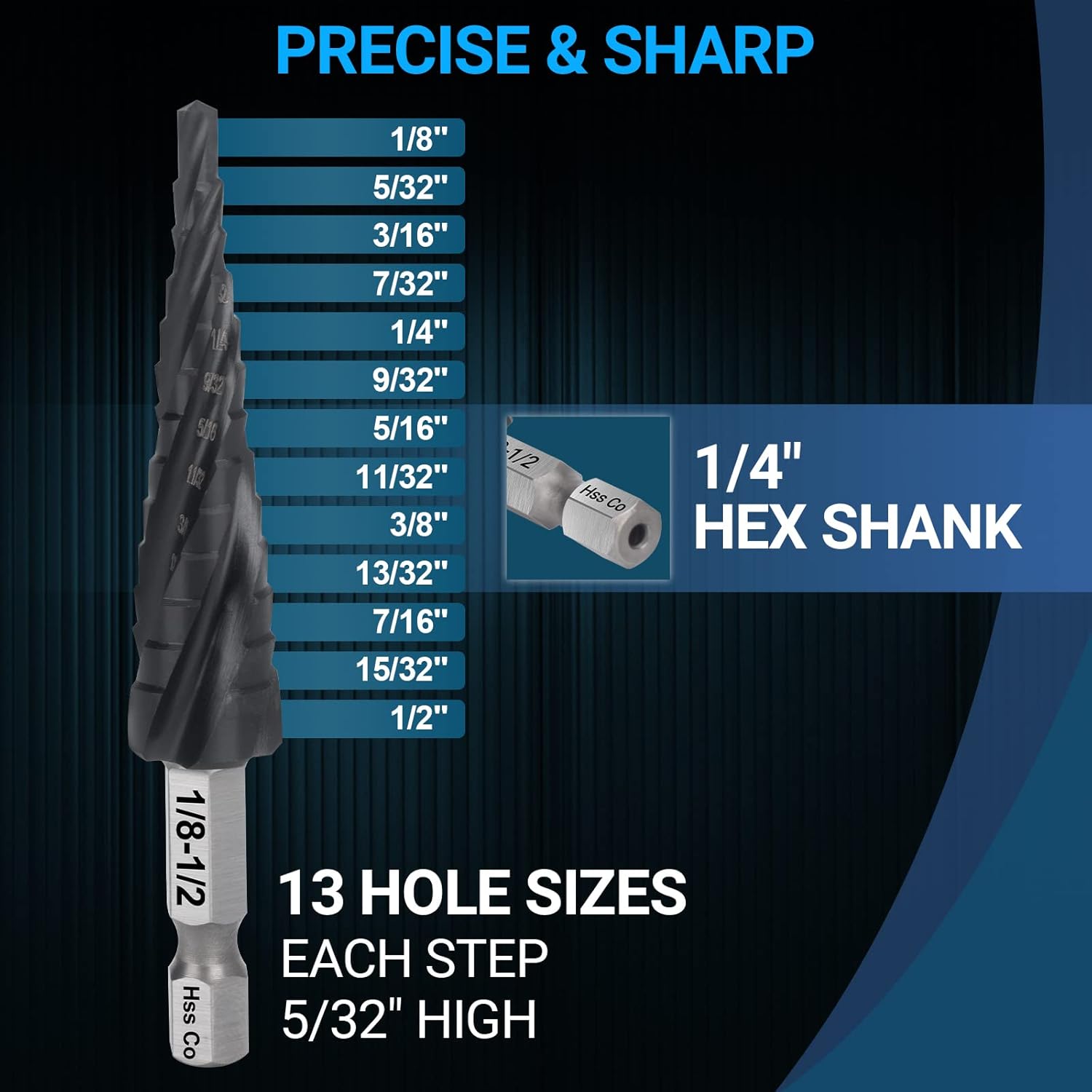 M35 Cobalt Step Drill Bit, Four Spiral Flute Unibit Step Drill Bit (1/8"-1/2") Wear-Resistant TiAlN Coated, 1/4" Hex Shank for Metal, Stainless Steel, Aluminum, Wood, Plastic (13 Size)