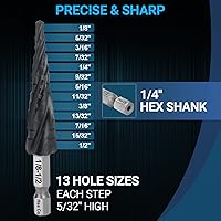 Vista 5 de MABLEVI M35 - Broca de cuatro espirales para escalones de cobalto, 1/8 a 1/2 pulgadas, resistente al desgaste, con recubrimiento TiAlN de 1/4