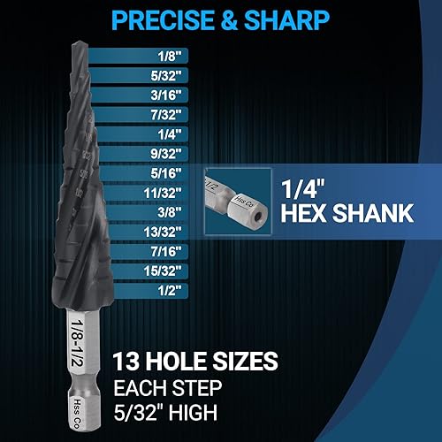Miniatura 5 de MABLEVI M35 - Broca de cuatro espirales para escalones de cobalto, 18 a 12 pulgadas, resistente al desgaste, con recubrimiento TiAlN de 14 de
