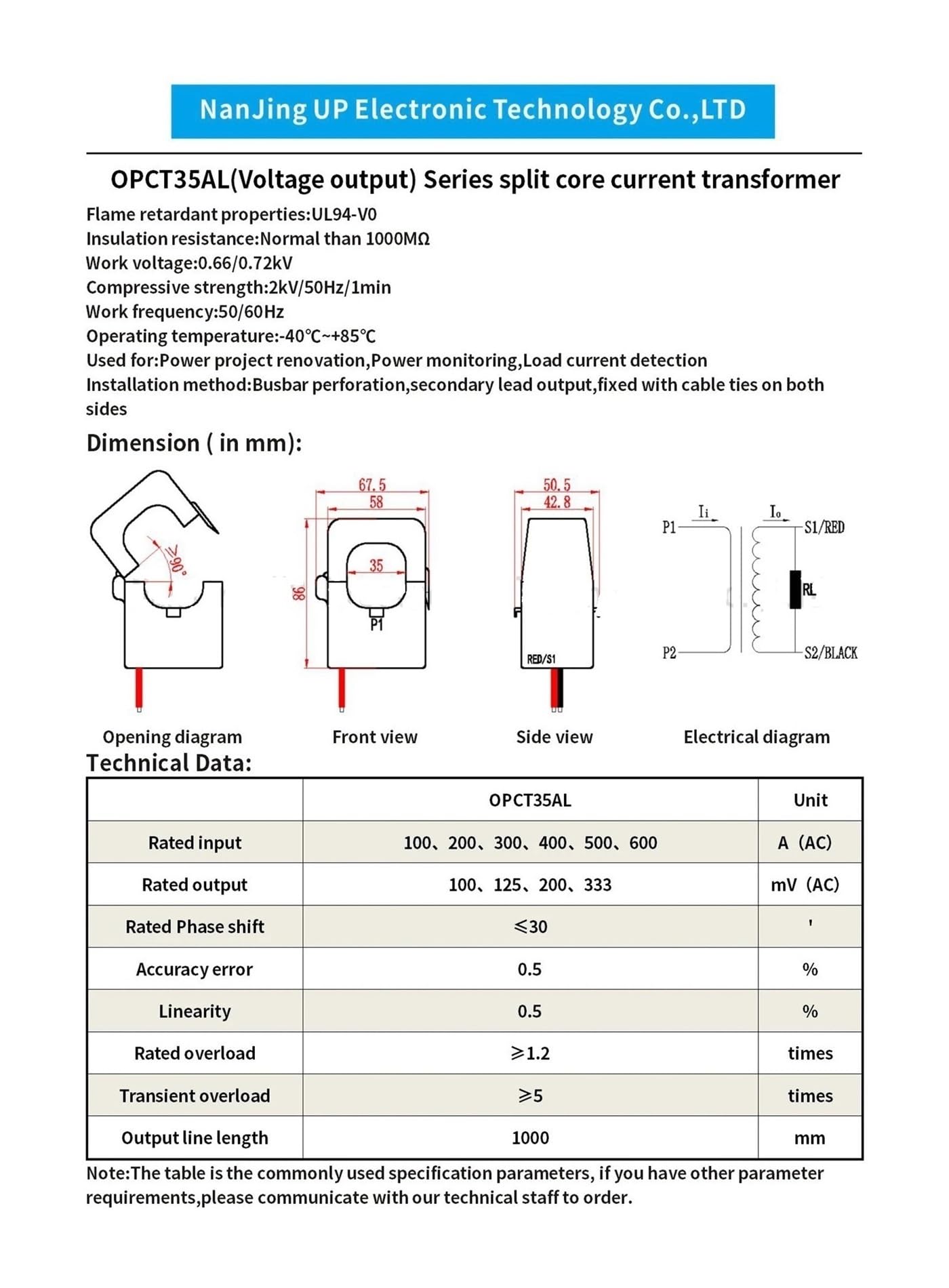 Stromsensor-Klemme mit geteiltem Kern CT OPCT35AGL - 100 A/333 mV 600 A/333 mV 400 A/0,33 mV 500 A/5 V(100A - 333mV)