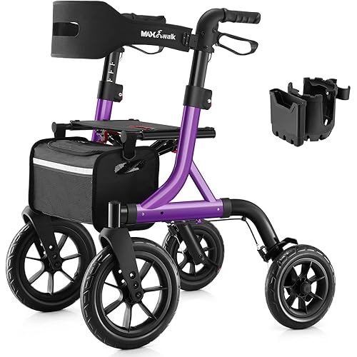 Walkers for Seniors, Rollator Walker with Seat, 12" Big Rubber Wheels All Terrain Rollator Walker with Backrest, Built-in Cable, Cup Holder, Foldable and Height Adjustment for Seniors, Purple