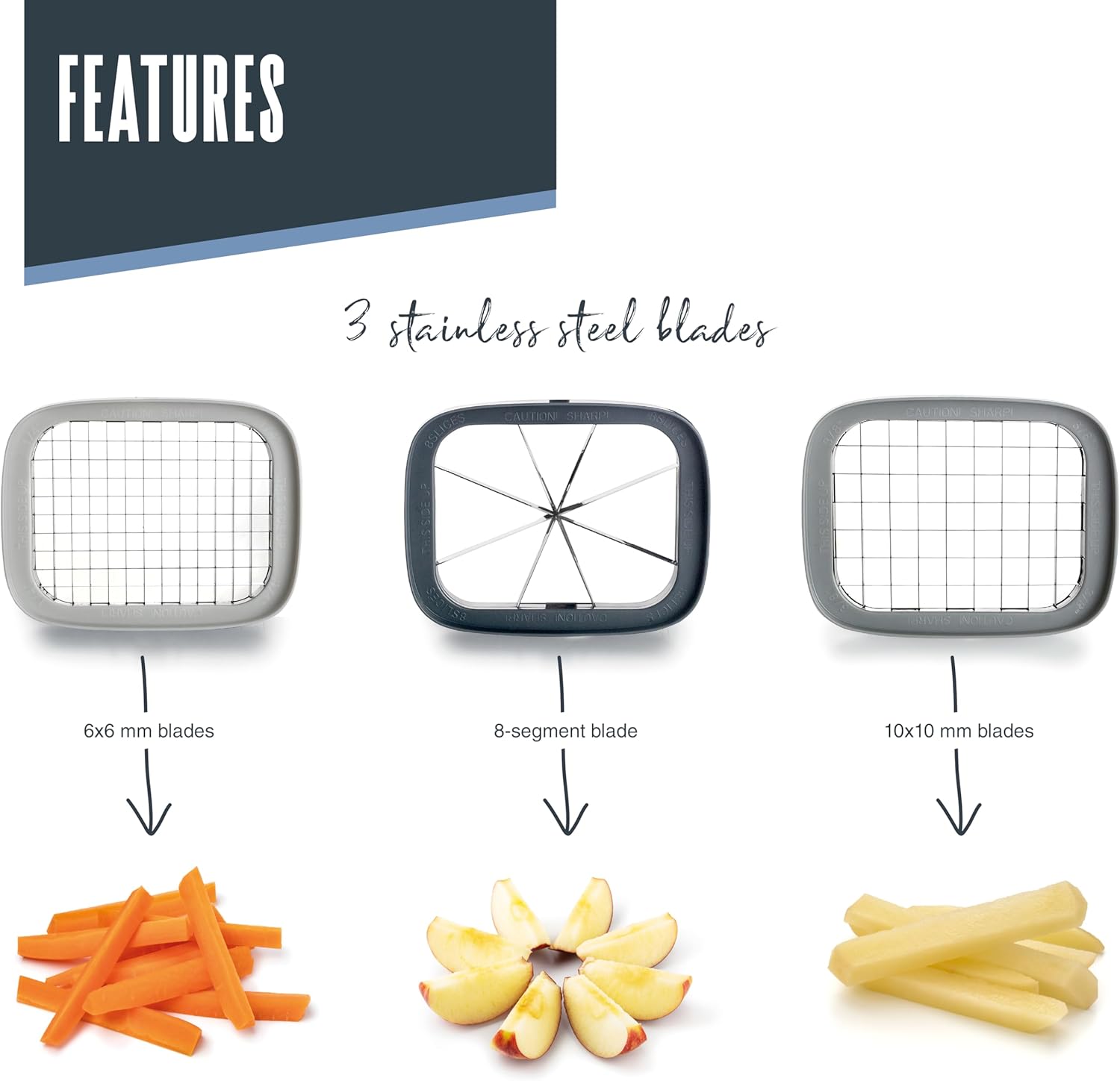 Lacor - 60540 - Manual saw cutter, PS and stainless steel, with 3 interchangeable blades (10 x 10 mm, 6 x 6 mm and 8 wedges), even, durable and BPA-free cut